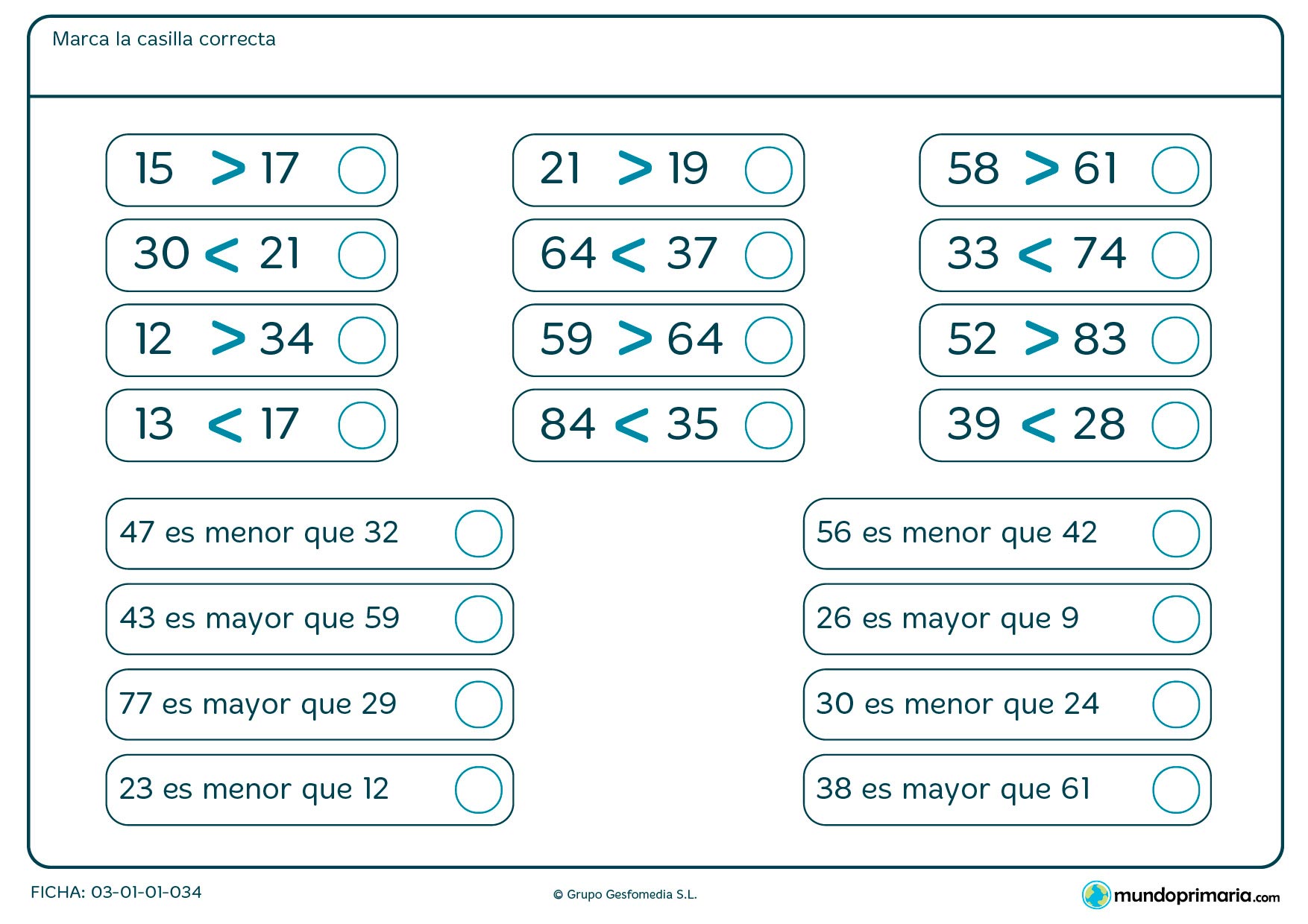 Ficha de qué signos de mayor o menor son correctos en el que hay que marcar la casilla con la afirmación correcta.