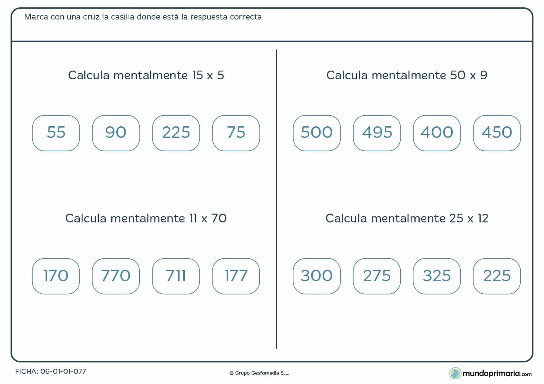 Ficha con cuatro ejercicios de resolver multimplicaciones mentalmente propuesta para alumnos de cuarto de Primaria