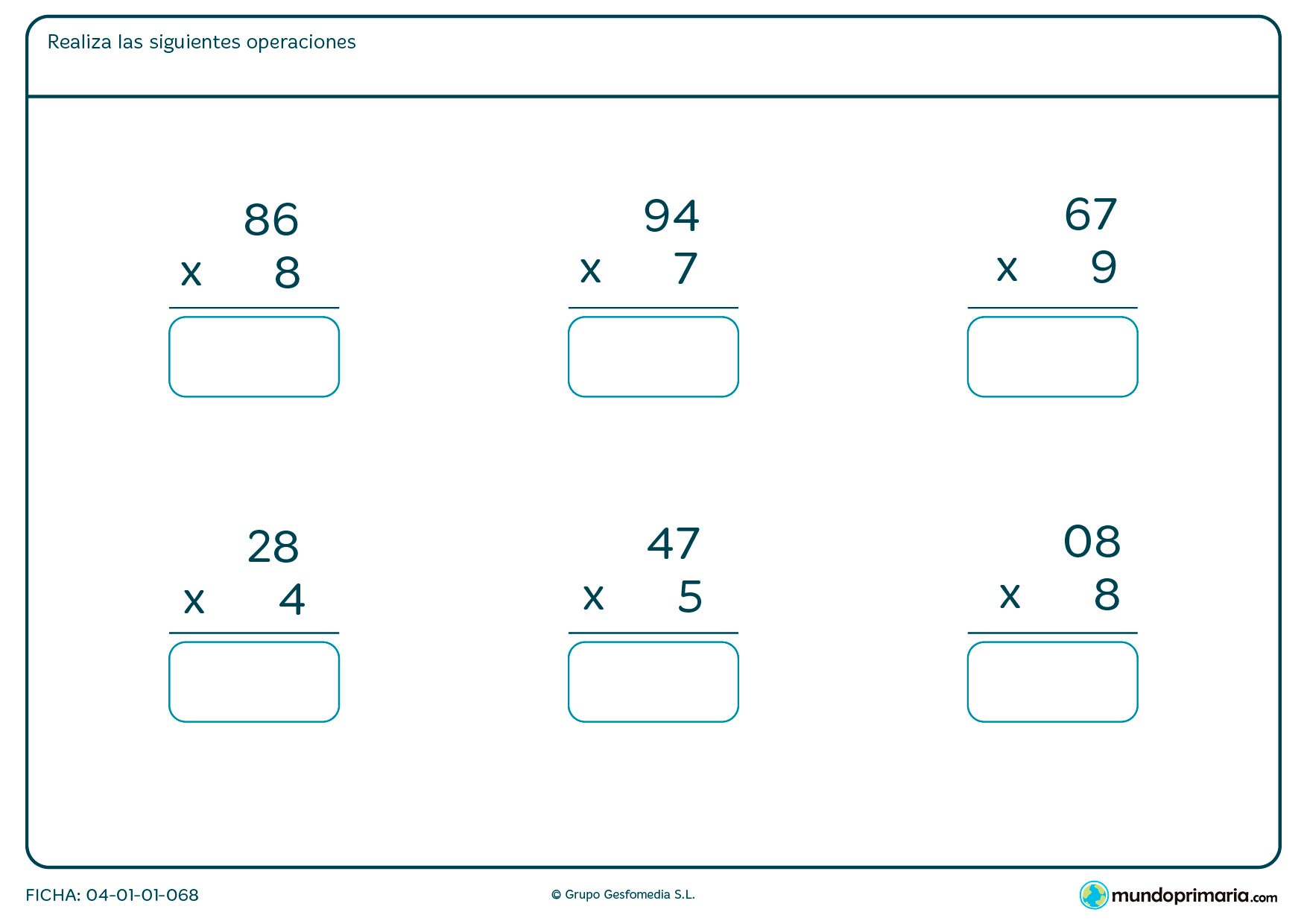 Ficha de resolver multiplicaciones fáciles para Primaria por la que el niño tendrá que escribir la solución de las multiplicaciones que se proponen.