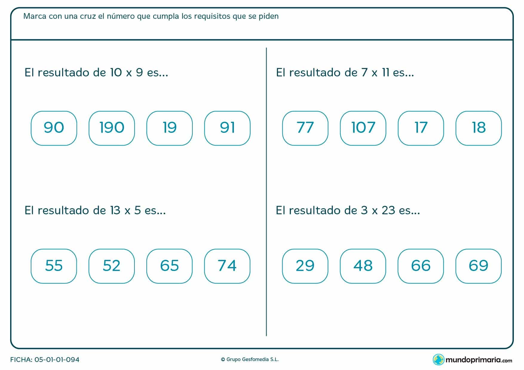 Resuelve estas multiplicaciones y marca las soluciones.