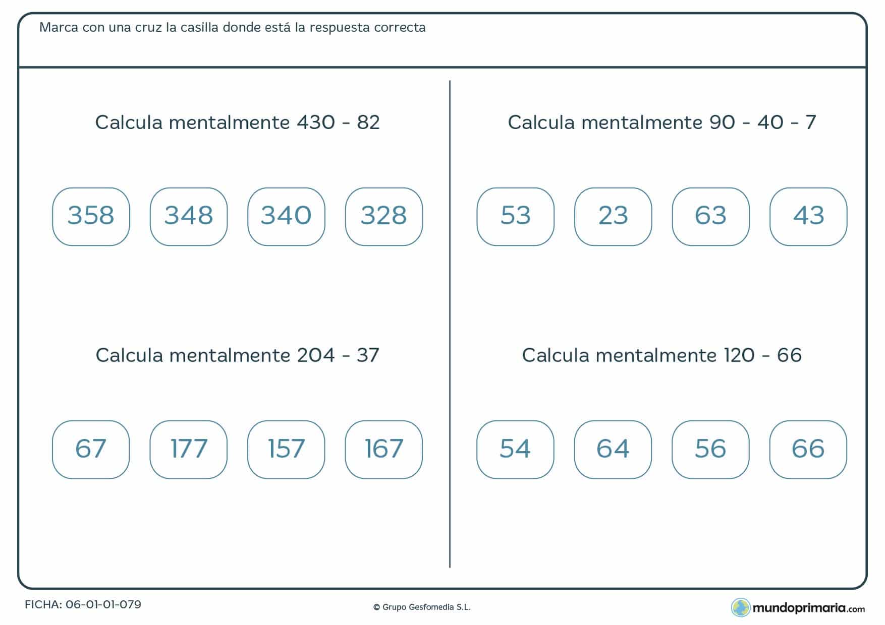 Ficha de resolver operaciones de restar mentalmente para alumnos de cuarto de Primaria con cuatro ejercicios a resolver