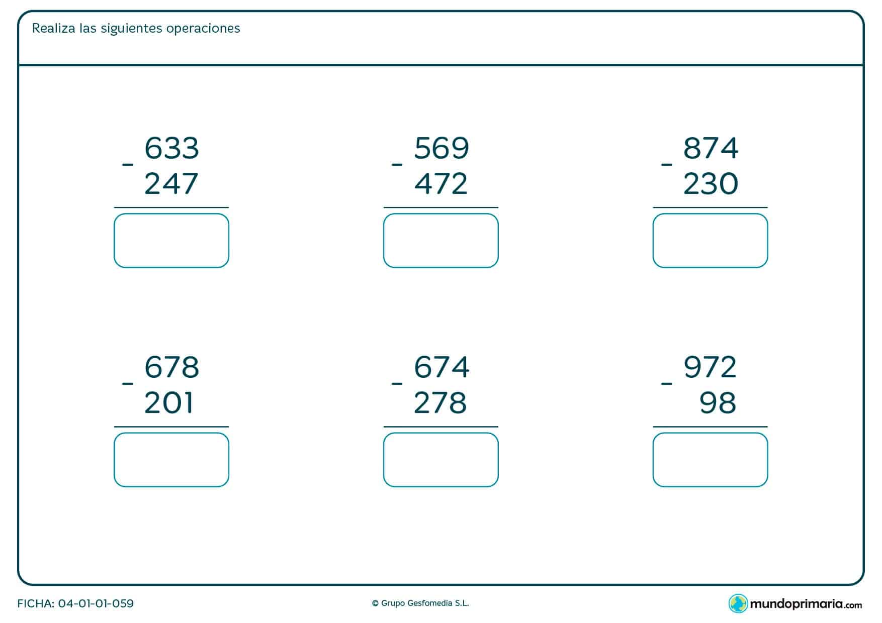 Ficha de resolver restas de números de tres cifras para Primaria por la que los niños tendrán que indicar el resultado para estas restas de tres cifras.