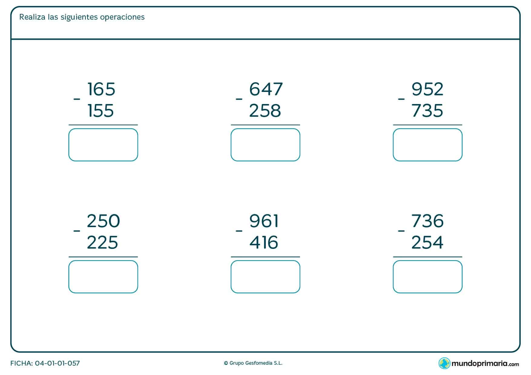 Ficha de restas con números de tres cifras para segundo de Primaria por la que los niños tendrán que resolver las restas y poner el resultado en el cuadro.