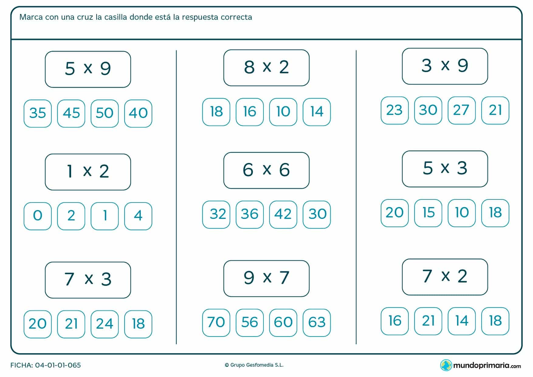 Ficha de rodear el resultado de las multiplicaciones para Primaria por la que los niños tendrán que marcar con una cruz el resultado correcto de las multiplicaciones que aparecen.