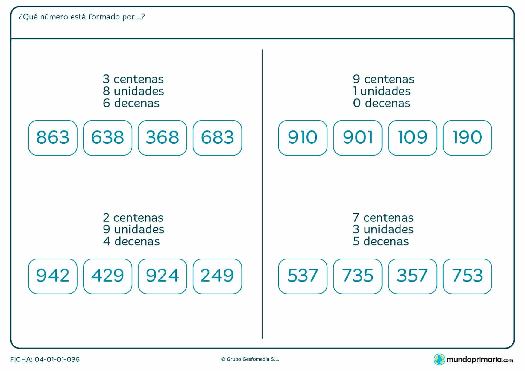 Ficha de saber qué número está formado por tres centenas para niños de siete a ocho años por la que tendrán que prestar atención a las condiciones pedidas para encontrar el número correcto.