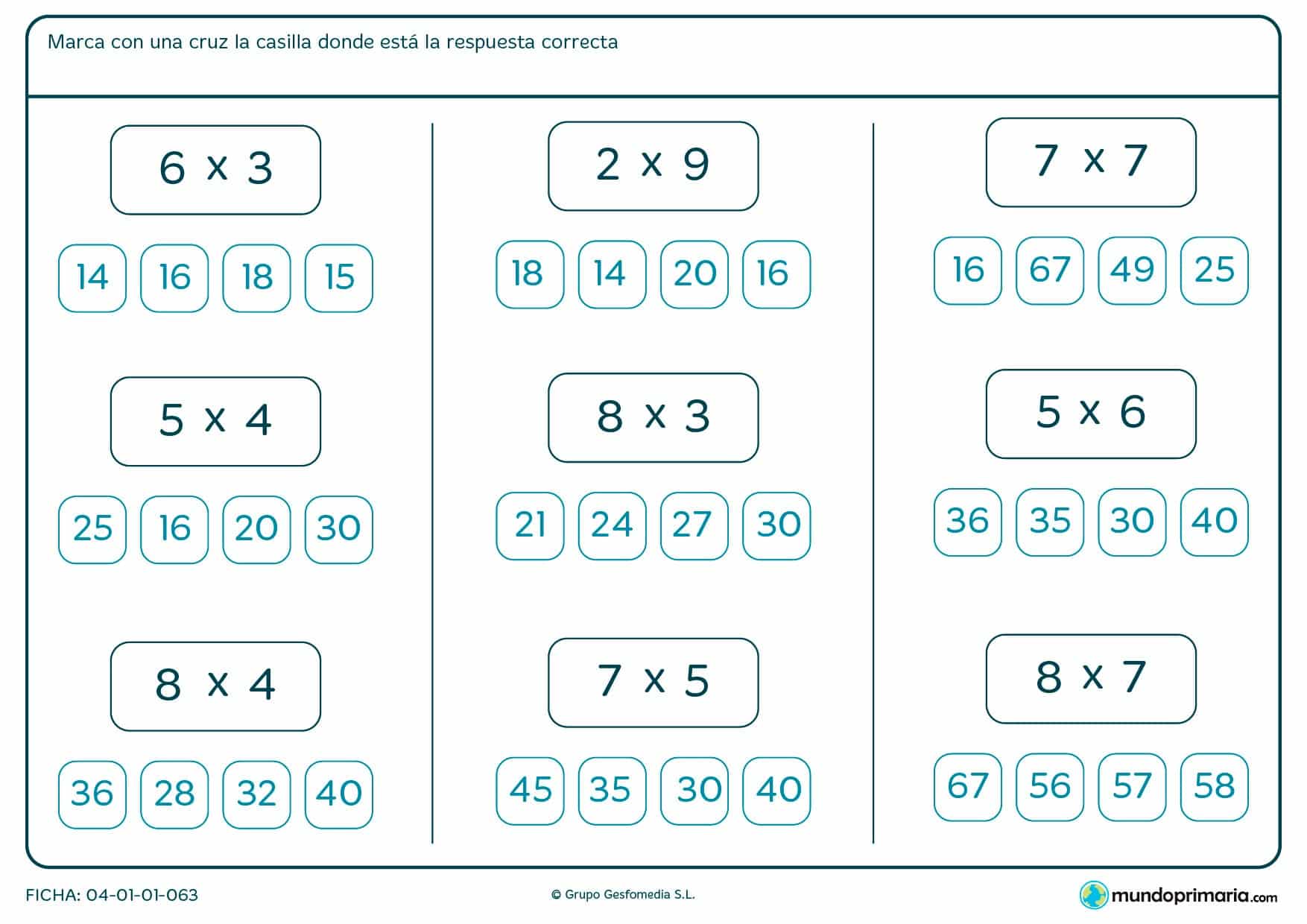 Ficha de seleccionar el resultado de multiplicaciones para segundo de Primaria por la que los niños tendrán que indicar cuál es el resultado de estas multiplicaciones sencillas eligiendo entre los posibles.
