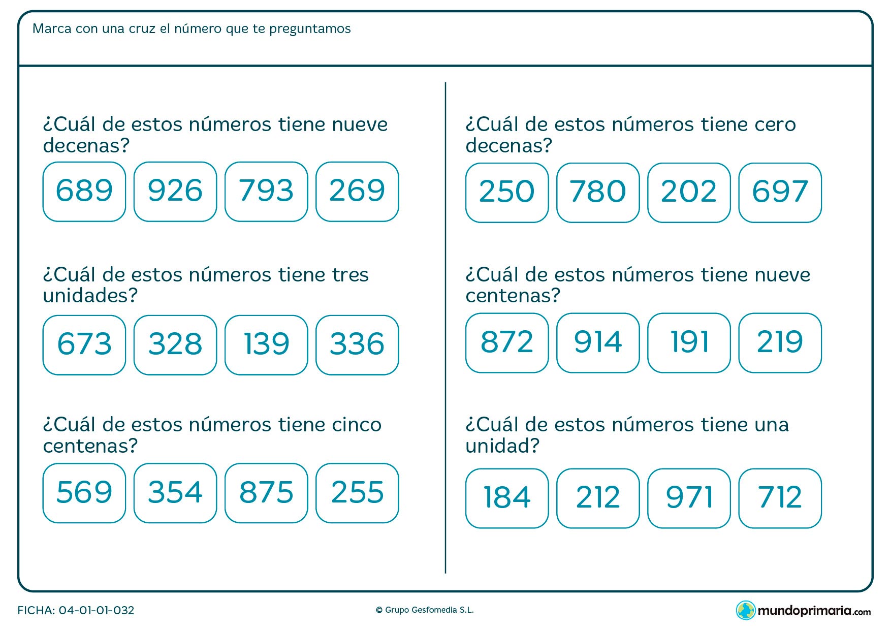 Ficha de señalar el número que se pide para segundo de Primaria por la que los niños tendrán que identificar la solución correcta al número pedido.