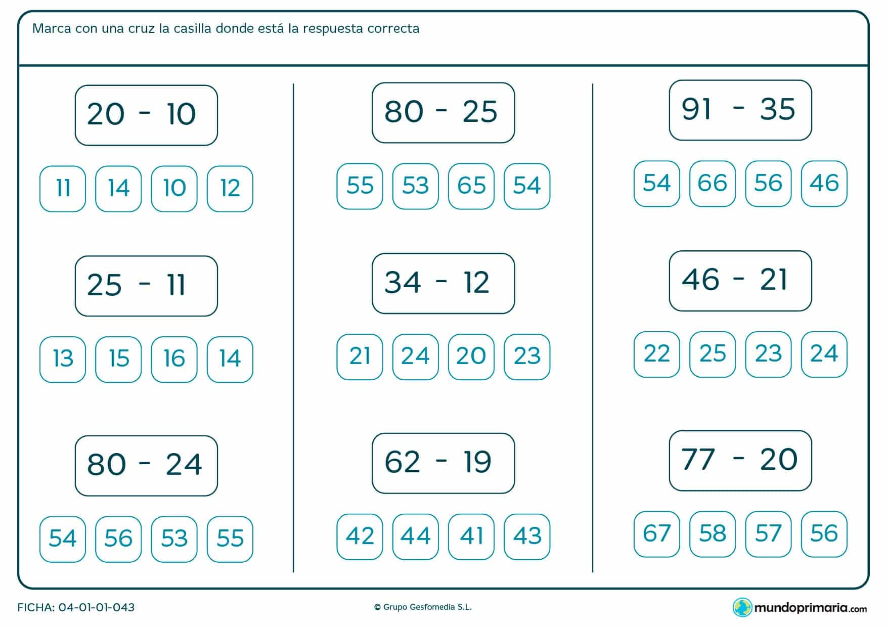 Ficha de señalar el resultado correcto de las restas para Primaria por las que los niños tendrán que realizar las siguientes letras y marcar el resultado correcto.