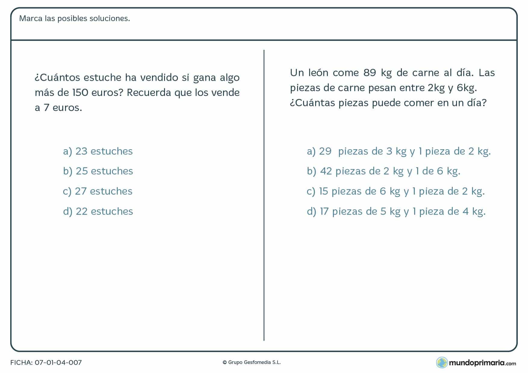 Ficha de soluciona el problema con distintas operaciones para quinto de Primaria por la que los niños tendrán que leer el enunciado y elegir entre las posibles soluciones dadas.