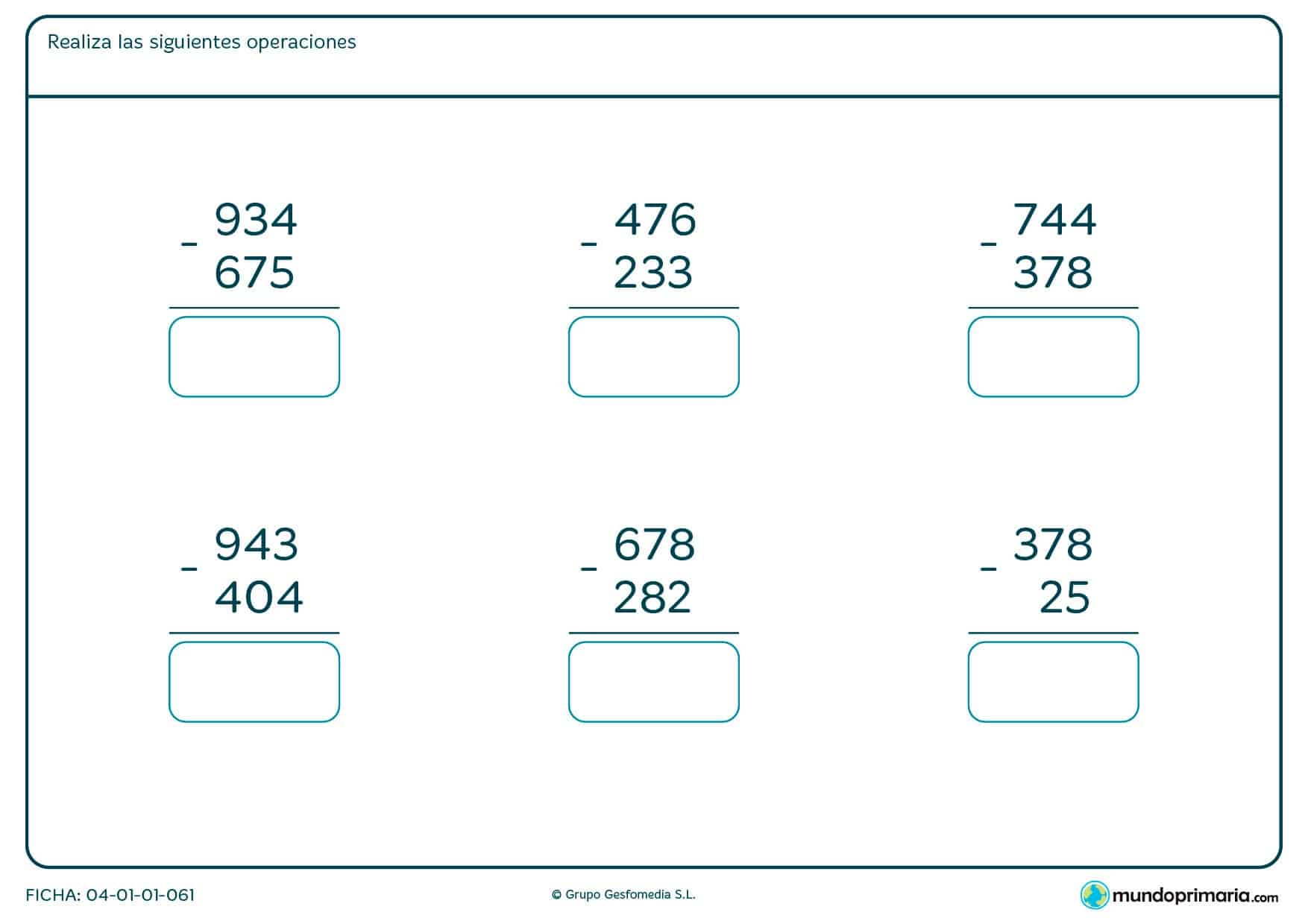 Ficha de solucionar restas de tres cifras