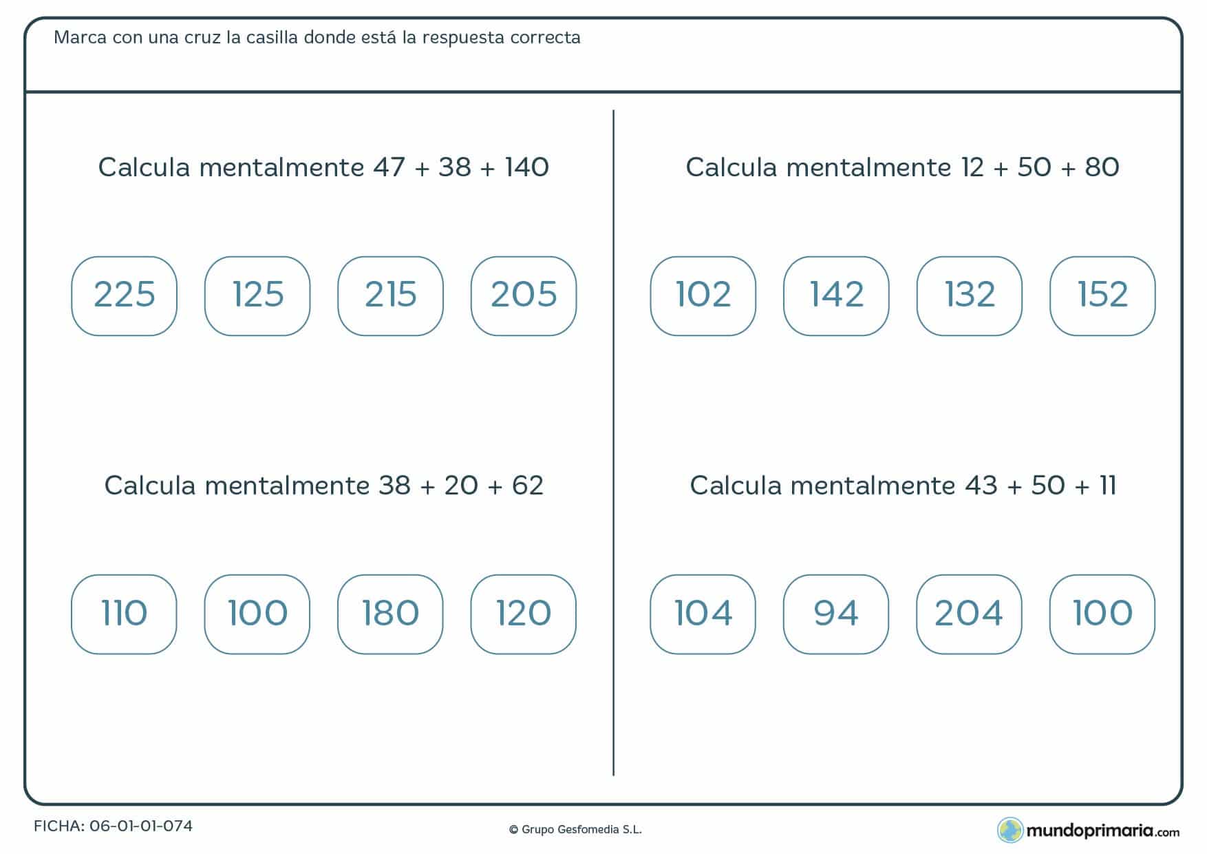 Ficha con cuatro ejercicios de solucoinar sumas de tres números, recomendada para 4º de Primaria