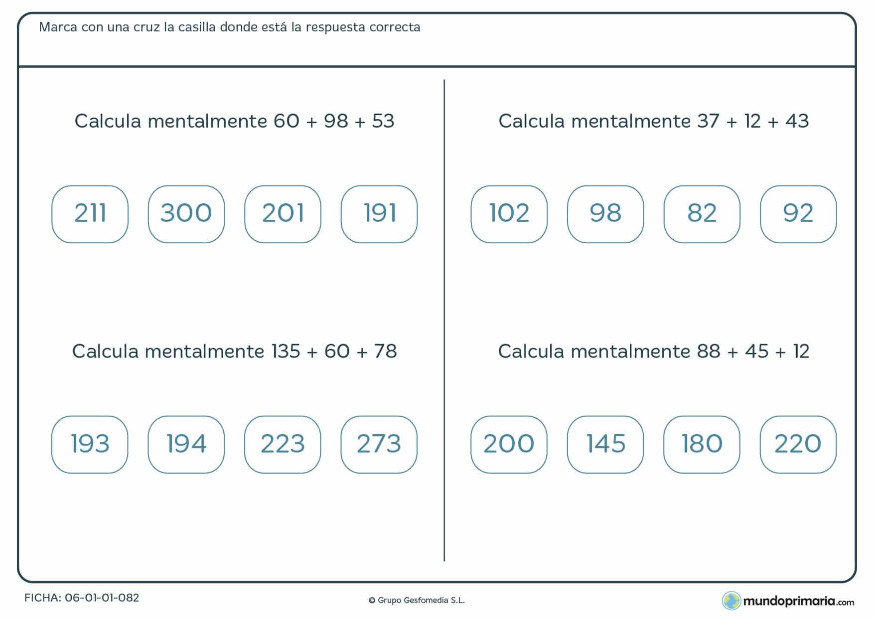 Ficha con cuatro cuentas centrada en solucionar una suma de tres números mentalmente, recomendada para niños de 9 y 10 años