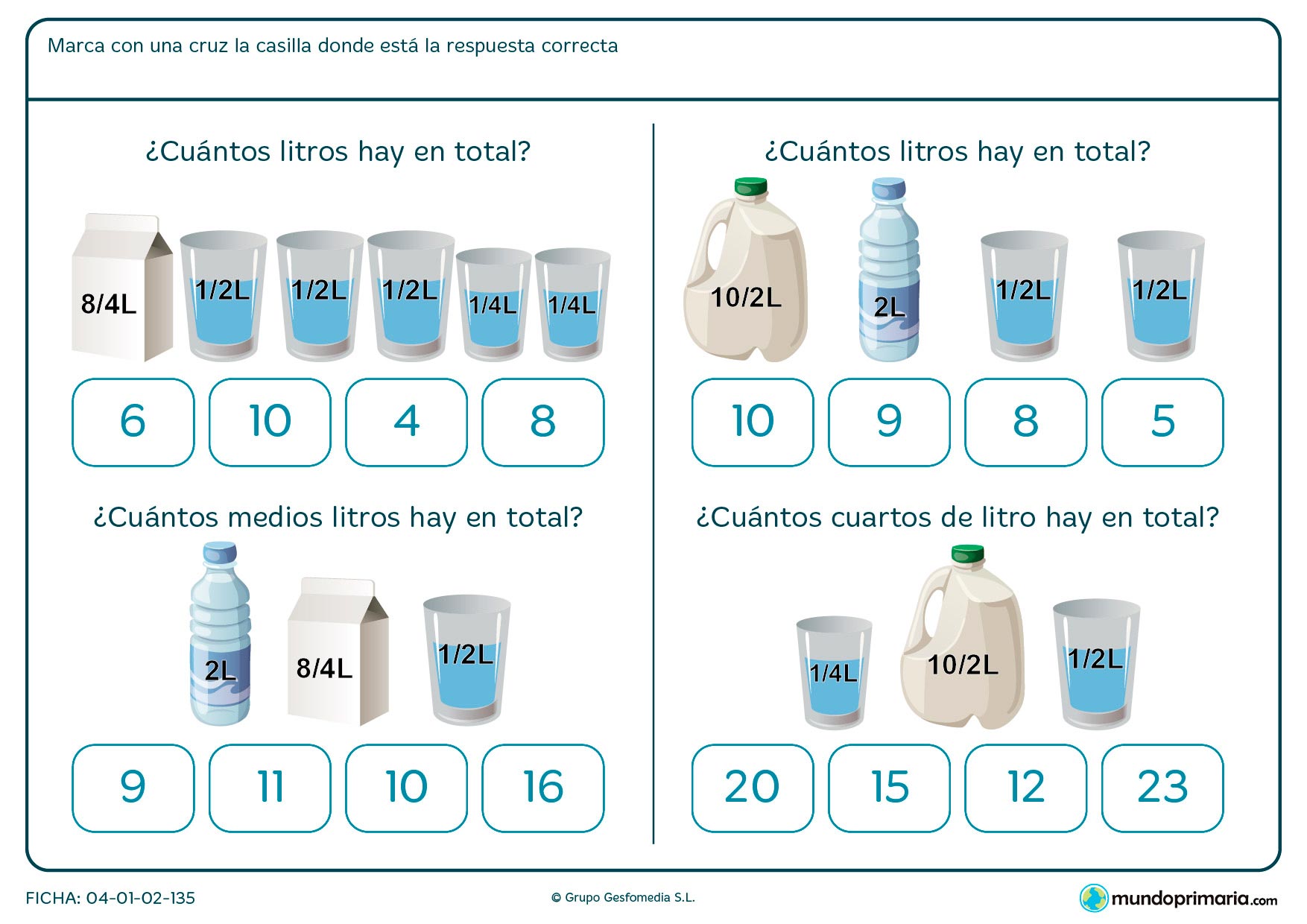 Ficha de traducir unidades de capacidad para niños de segundo de Primaria en la que tendrán que observar la medida dada y traducirla a otra unidad de capacidad.
