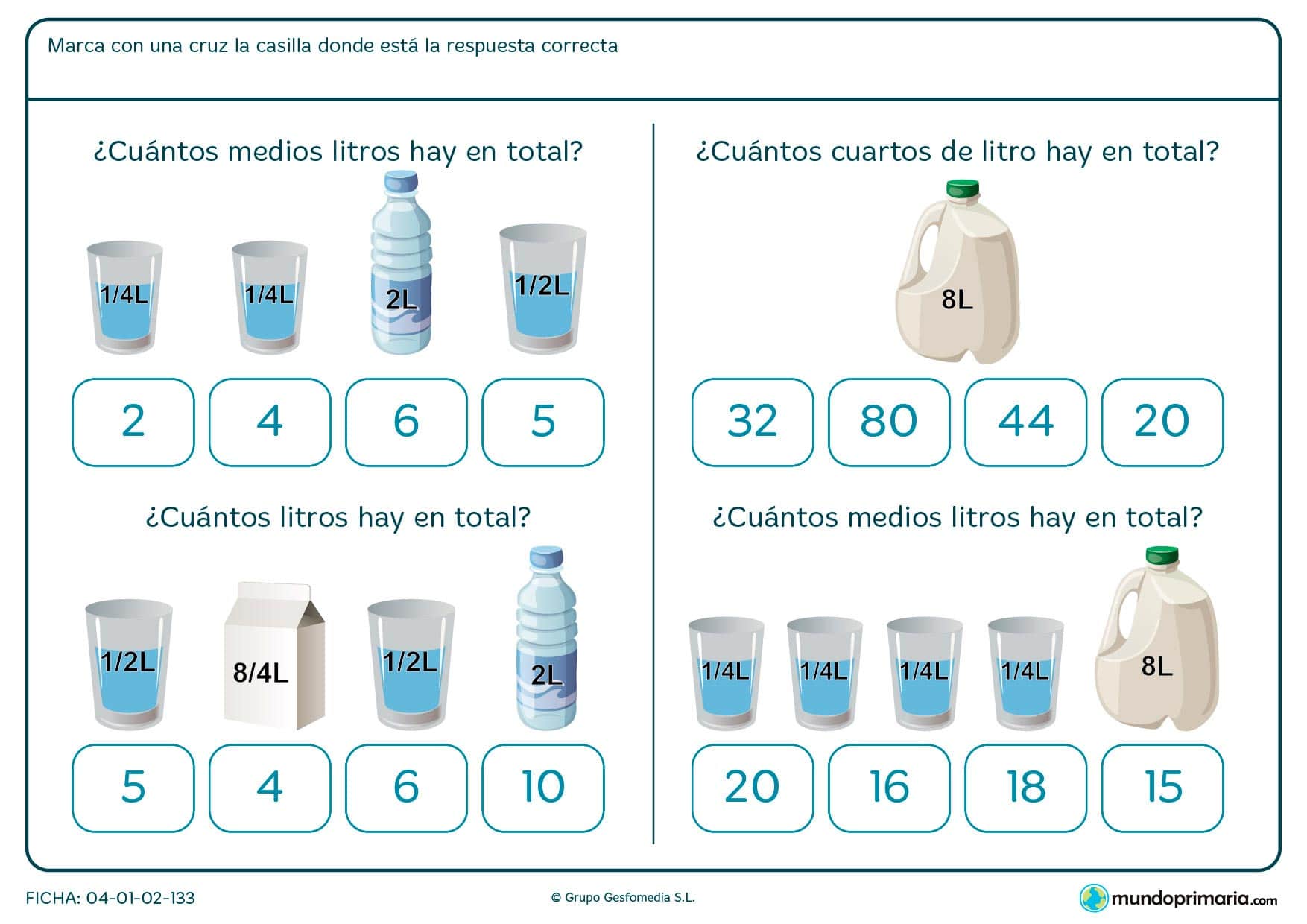 Ficha de unidades de capacidad para niños de Primaria en la que tendrán que entender la equivalencia entre unidades de capacidad para clicar sobre la opción correcta.