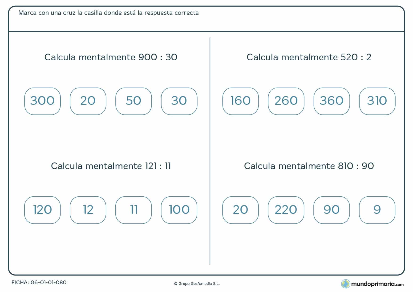Ficha para alumnos de cuatro de Primaria de usar el cálculo mental con divisiones recomendada como repaso de la asignatura de matemáticas