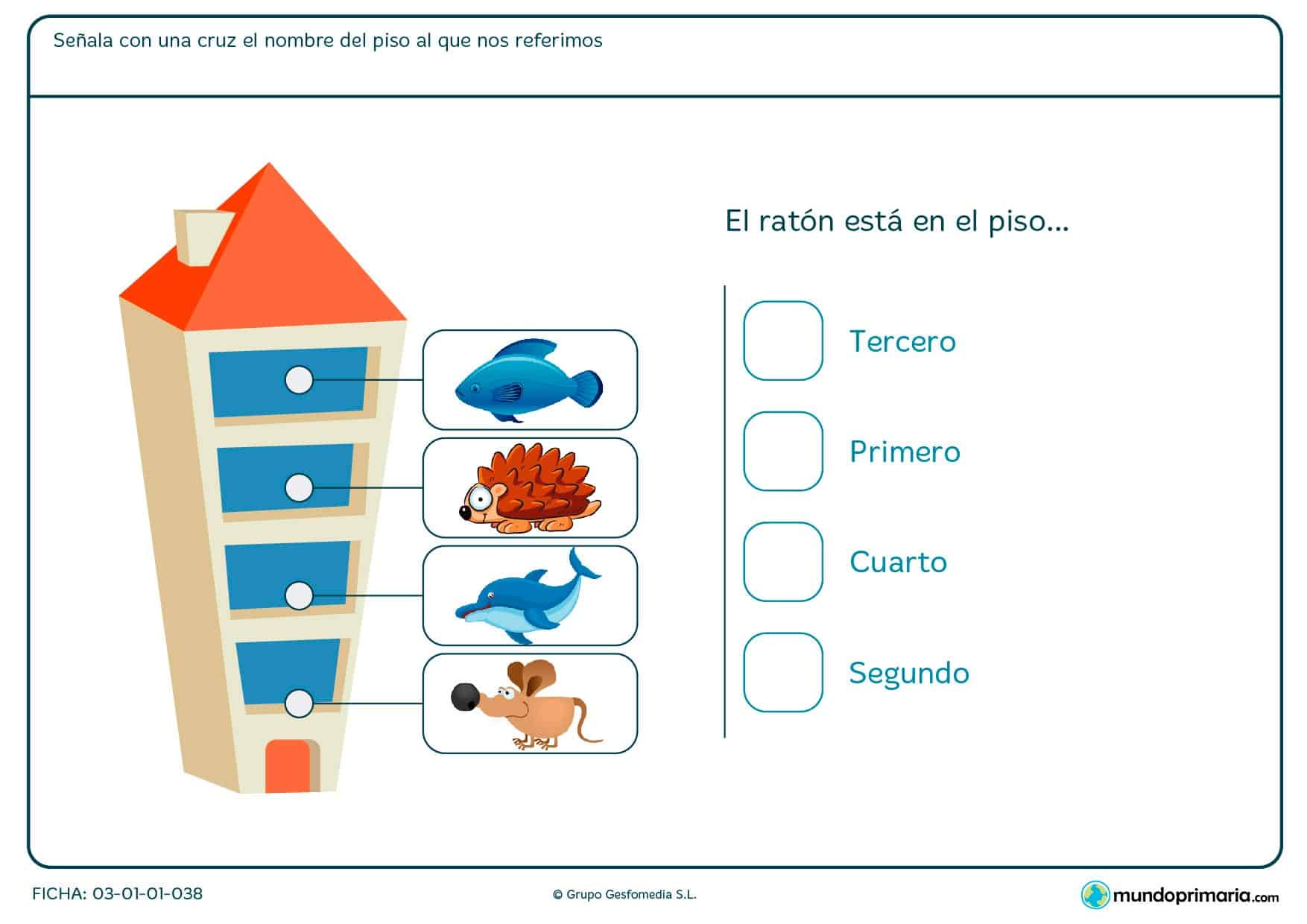 Ficha de identificar el piso donde está el animal en el que hay que señalar con una cruz el nombre del piso en el que está el ratón.