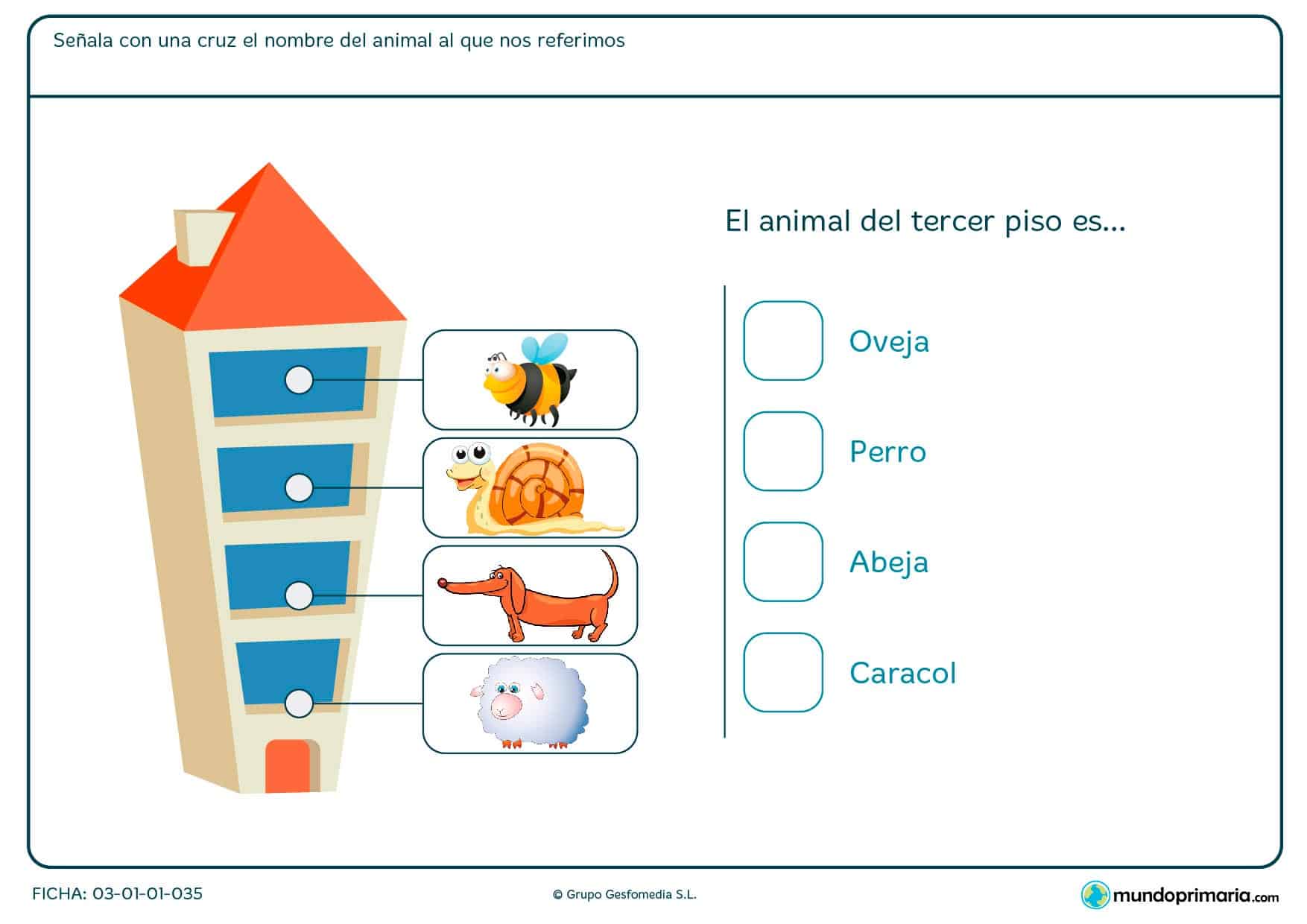 Ficha de los números ordinarios en el que hay que señalar con una cruz el animal que se encuentra en el tercer piso.