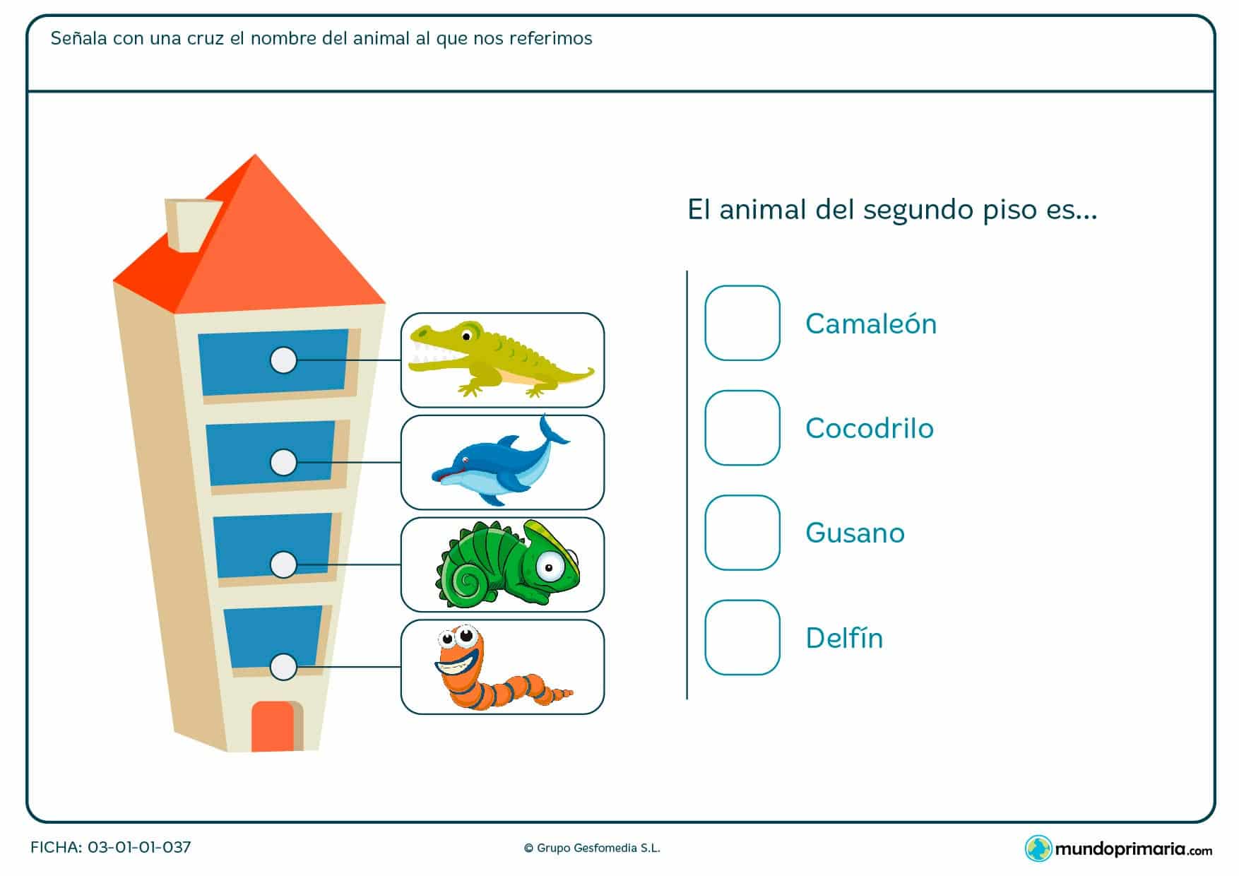 Ficha de señalar en qué piso está el animal en el que que hay que indicar con una cruz el nombre del animal del segundo piso.