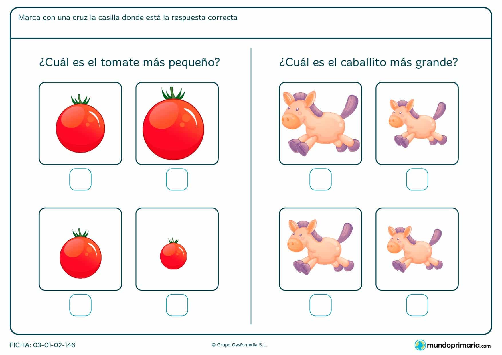 ¿Cuál es el tomate más pequeño? ¿Y el caballito más grande? Compara las imágenes para resolverlo.