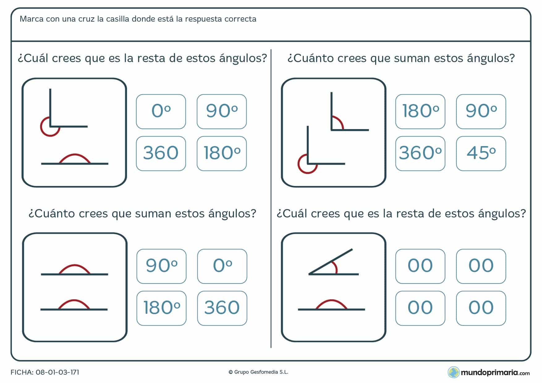 Resta o suma los ángulos mostrados en cada uno de los ejercicios atendiendo a los enunciados correspondientes.