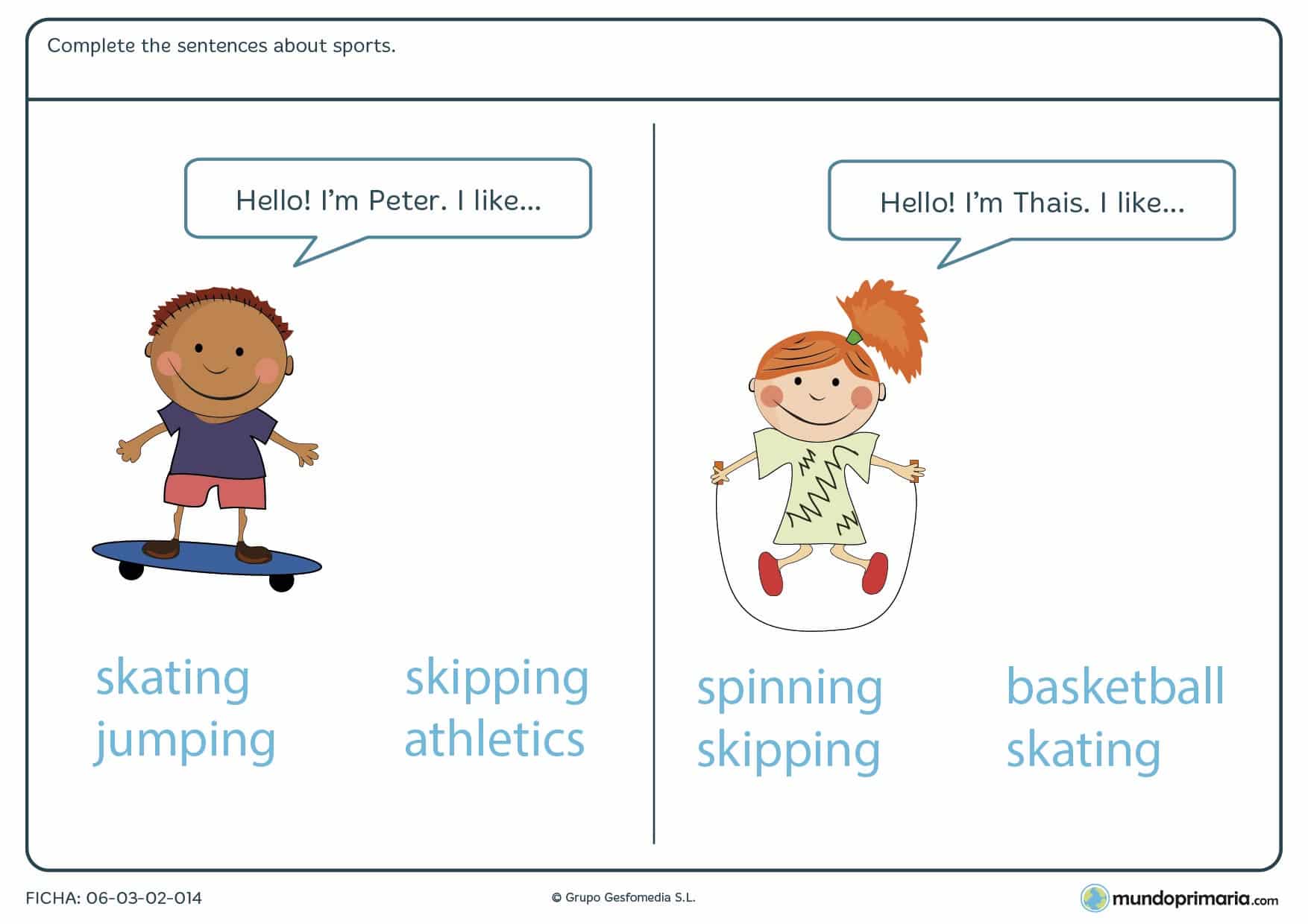 Ficha de seleccionar deportes en inglés para que los alumnos de 4º de Primaria repasen el vocabulario adecuado para su edad en inglés.