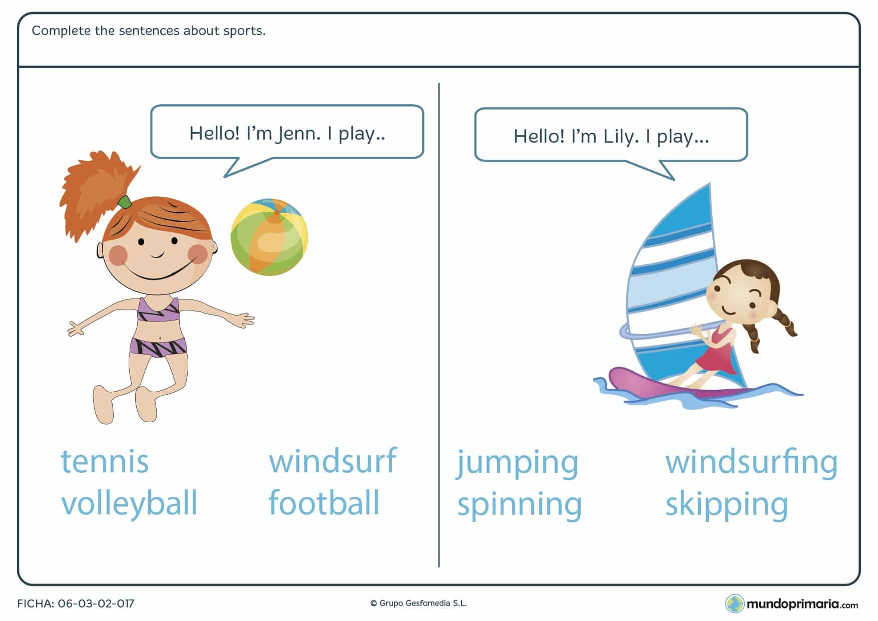 Ficha con ejercicios de vocabulario de deportes de playa en inglés diseñada para los alumnos de cuarto de Primaria con dos prácticas.