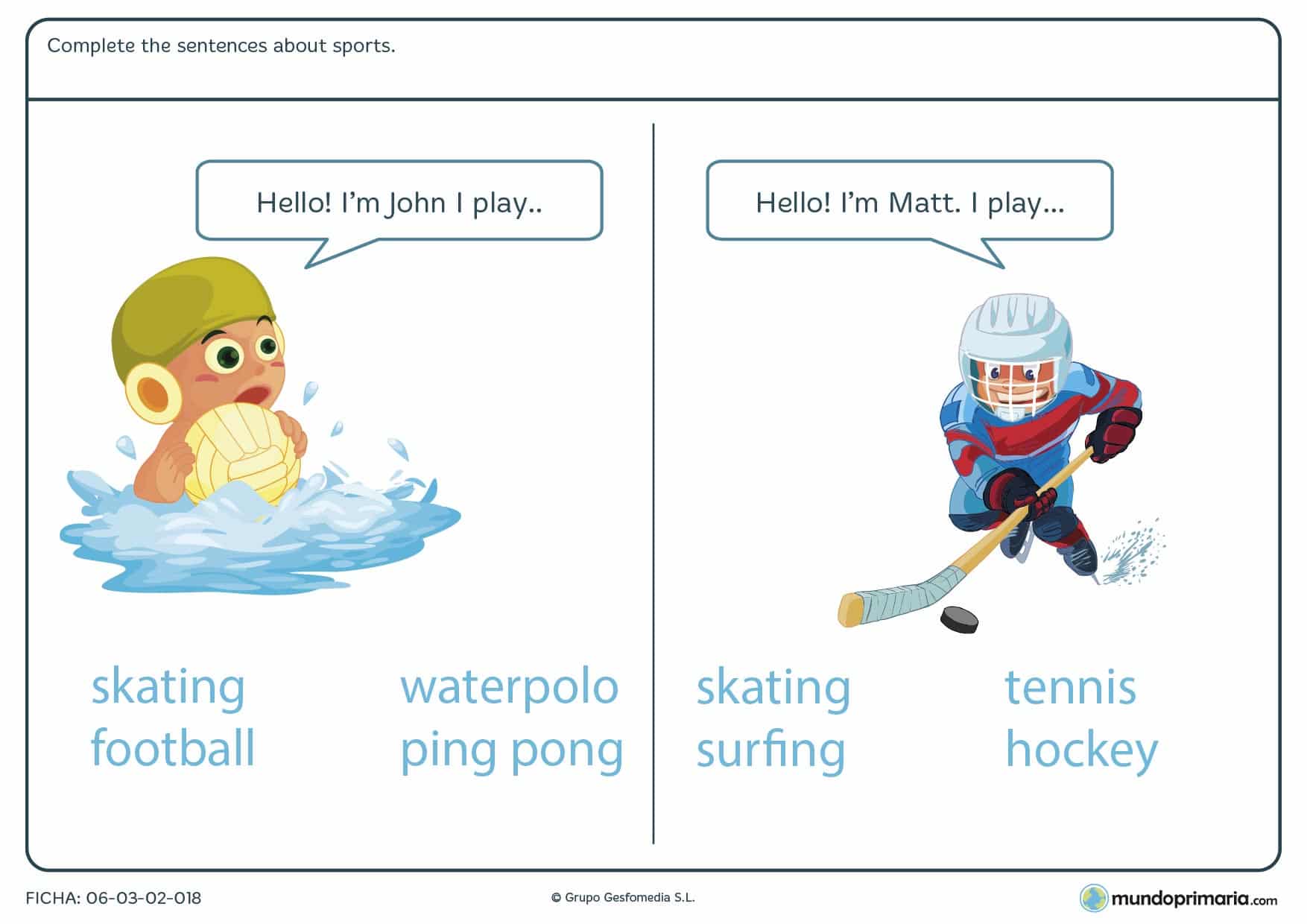Lámina con dos ejercicios visuales y prácticos sobre cómo se dicen los deportes en inglés recomendada para alumnos de cuarto de Primaria.