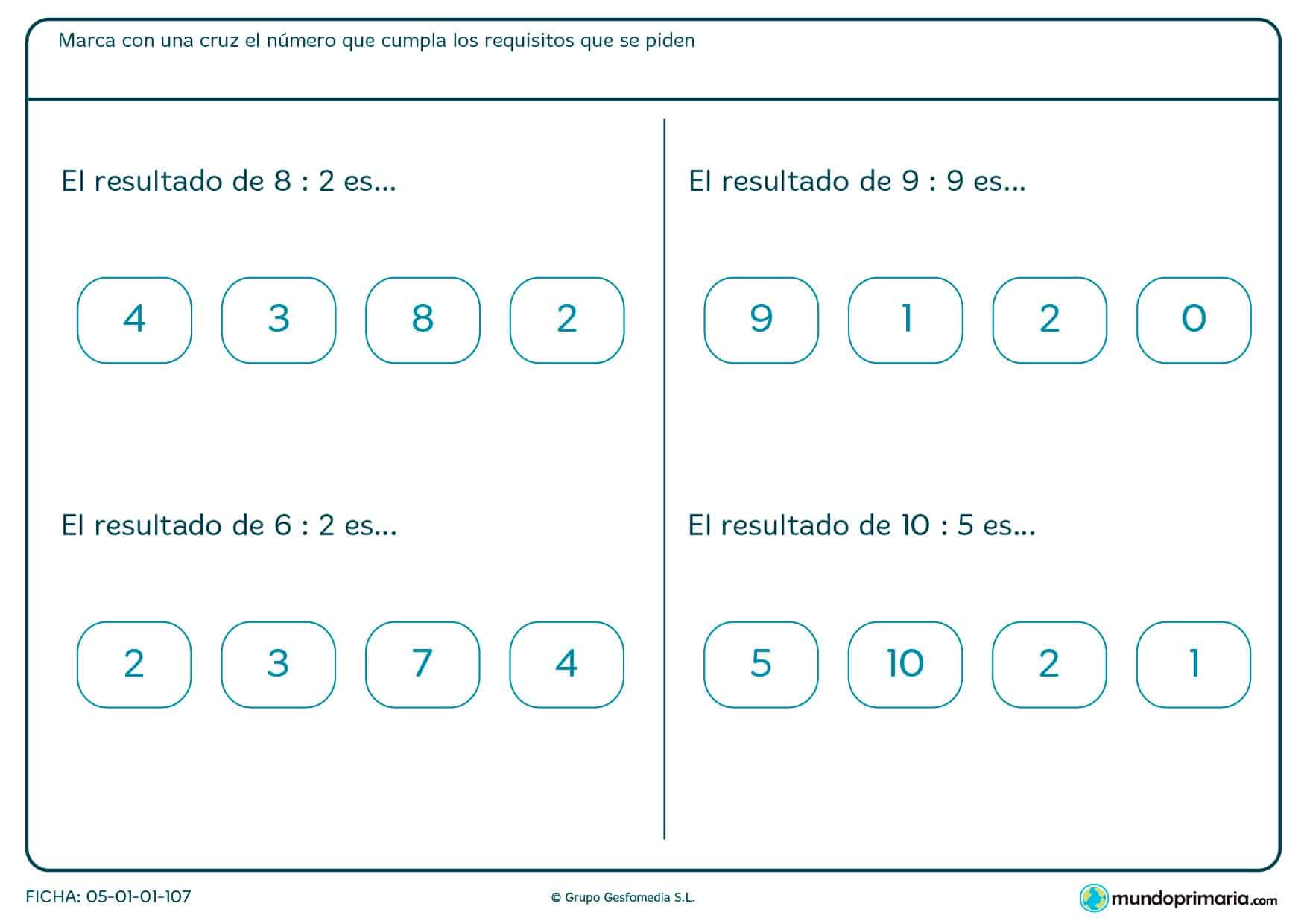 Ejercicio de matemáticas y divisiones en el que hay que seleccionar la opción correcta.