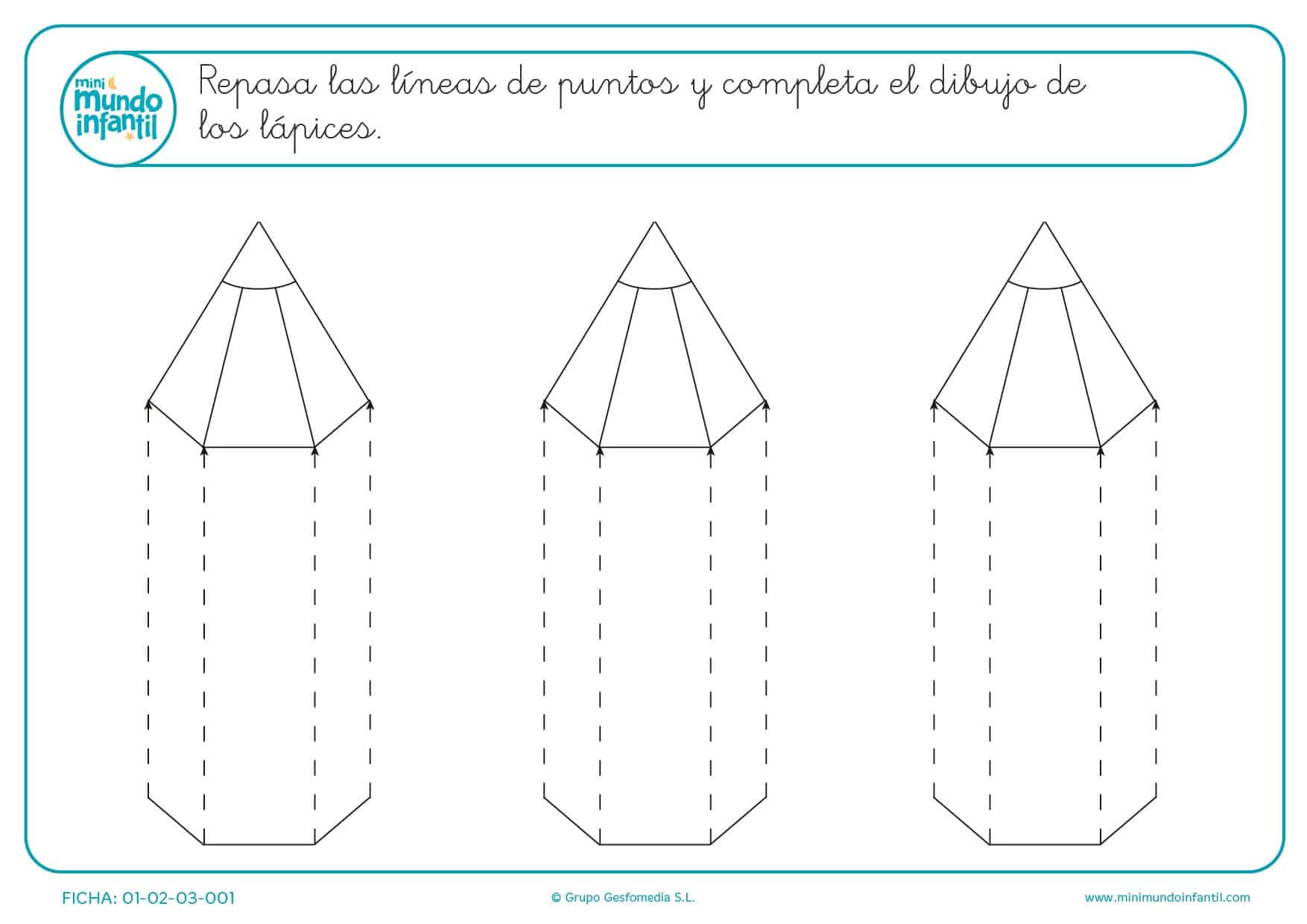 Completa los dibujos de los lápices repasando las líneas para infantil