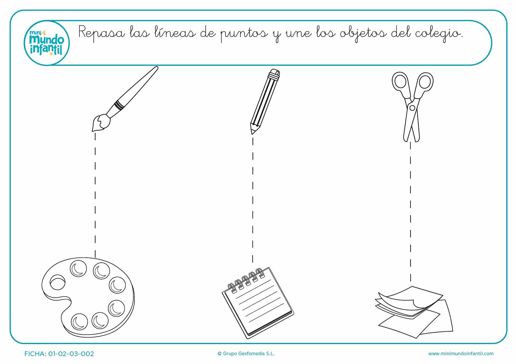 Sigue las líneas y une los objetos del colelgio para infantil