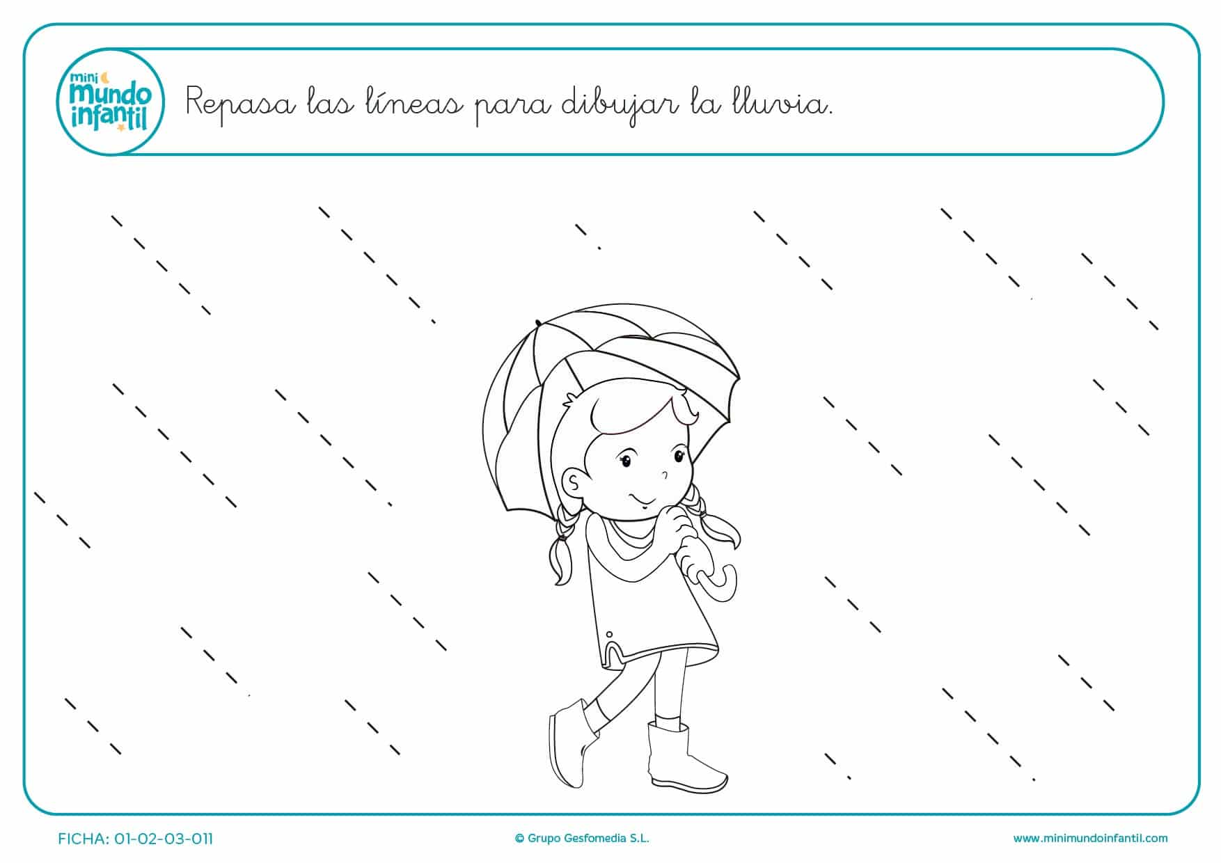 Repasa las líneas oblicuas y dibuja la lluvia para niños de infantil