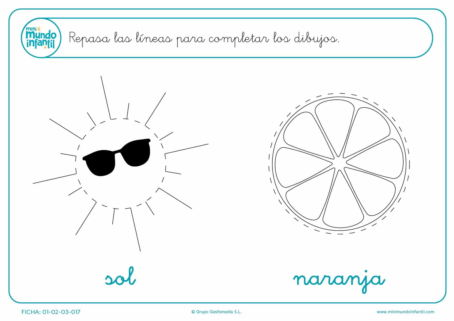 Completa círculos repasando el trazo del sol y la naranja en infantil