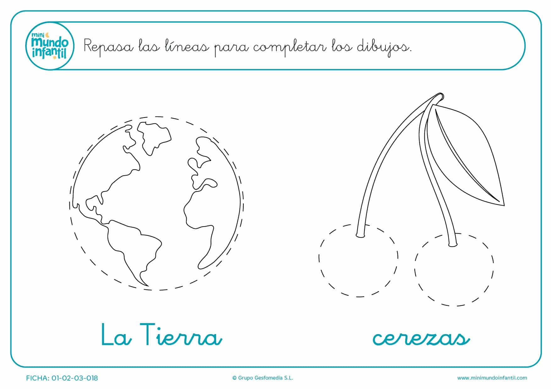 Repasa las líneas de puntos y dibuja la Tierra y cerezas para infantil