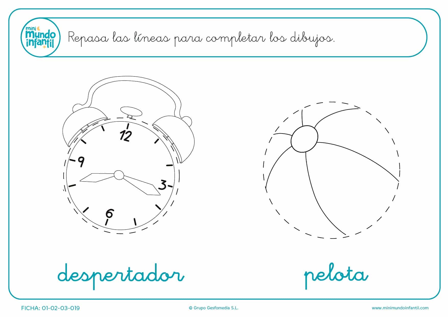 Termina los dibujos de grafomotricidad del despertador y la pelota