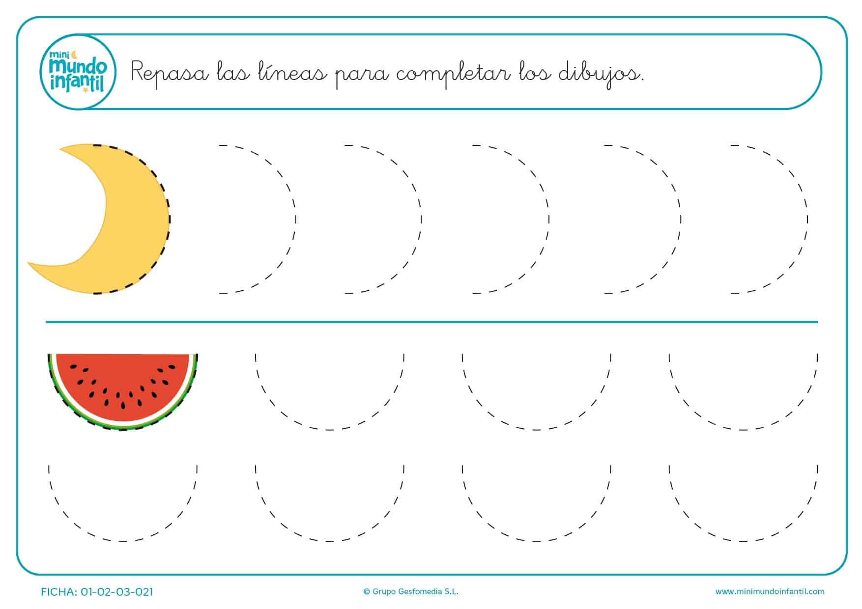 Completa los medios círculos de la luna y la sandía para infantil