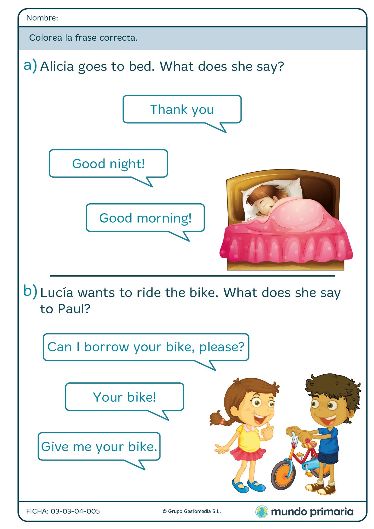 Ficha de entender los diálogos y subrayar el texto para Primaria