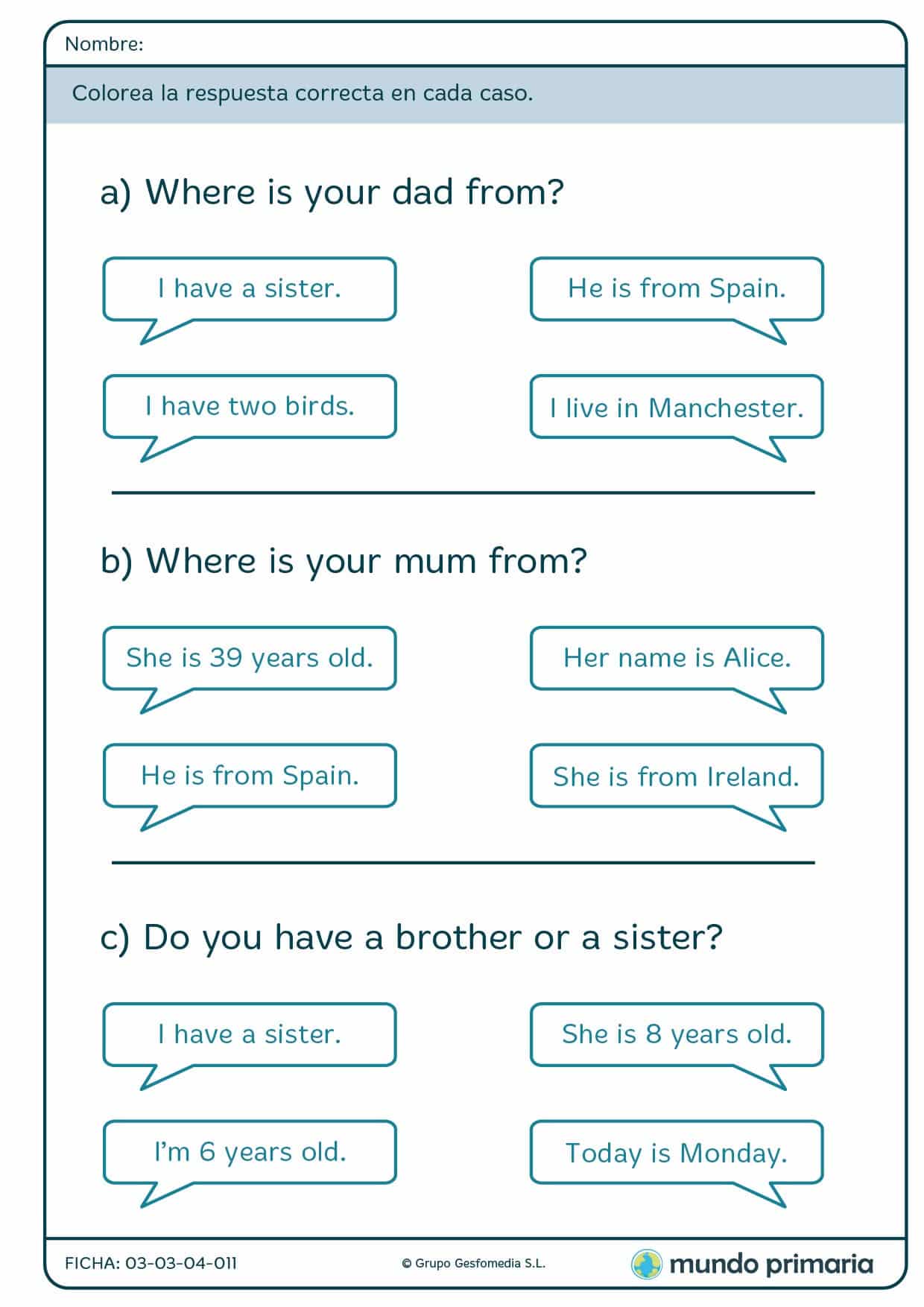 Ficha de responder los animales que tiene la niña en inglés para 1º