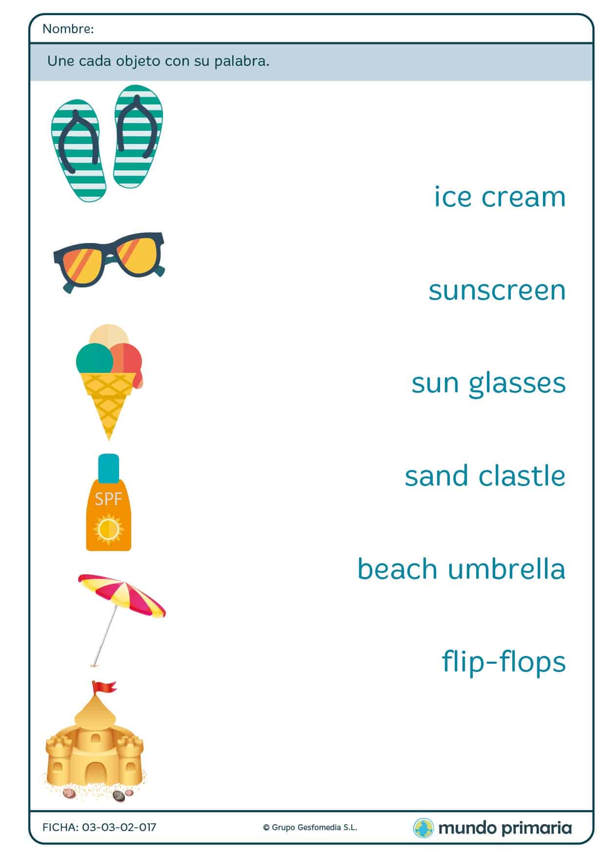 Ficha de vocabulario de playa en ingés para niños de 1º de Primaria