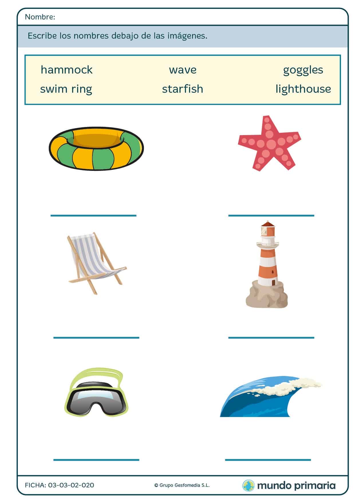 Ficha de vacaciones en inglés para 1º de Primaria