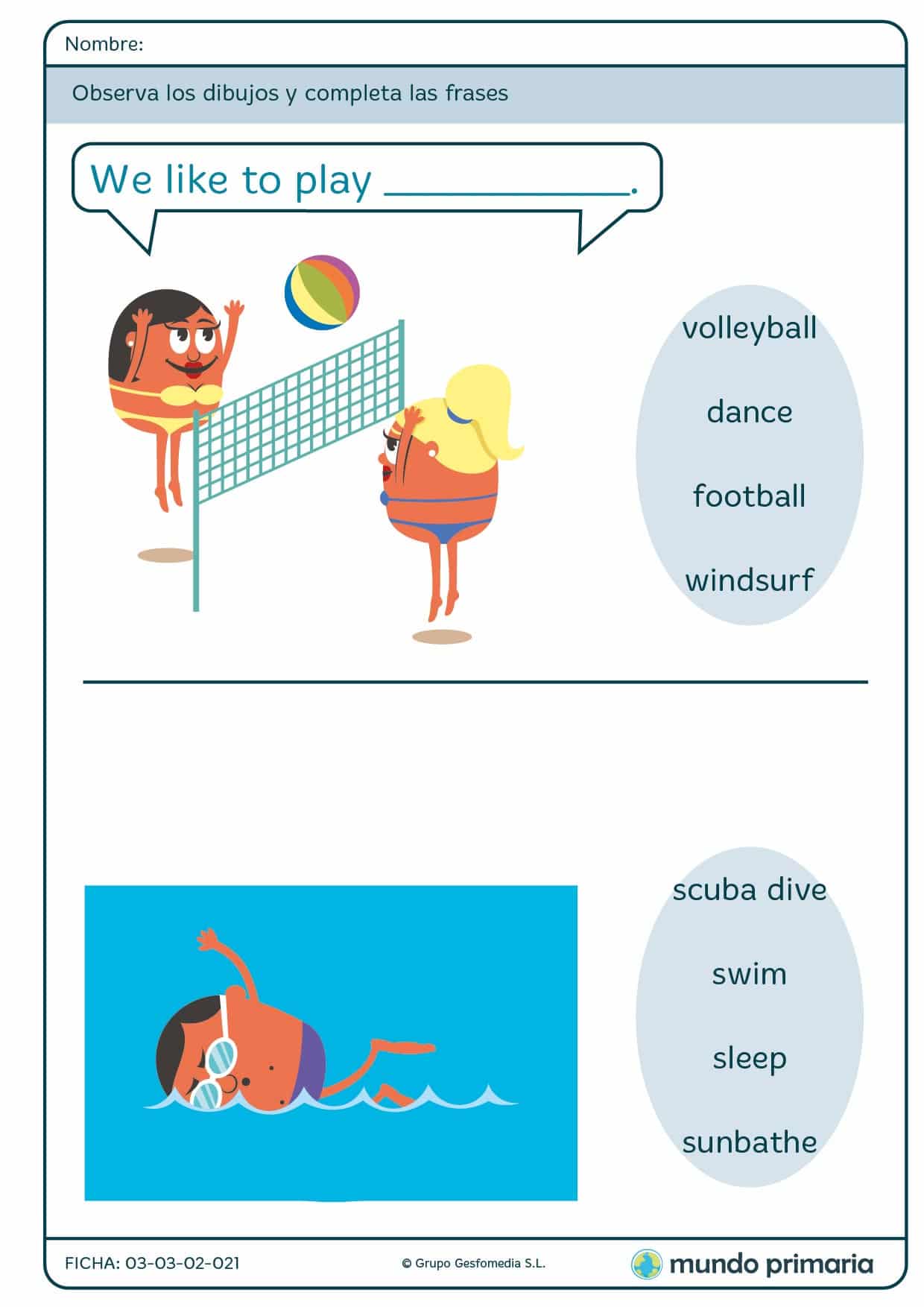 Ficha de completar la frase en inglés para niños de 1º de Primaria