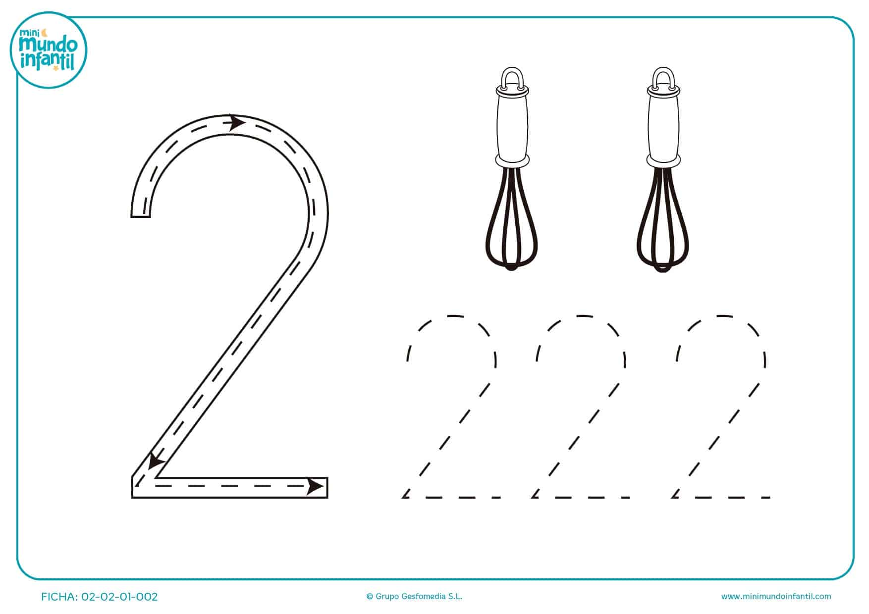 Disfruta con el número 2 y las varillas de cocinar repasando el trazo
