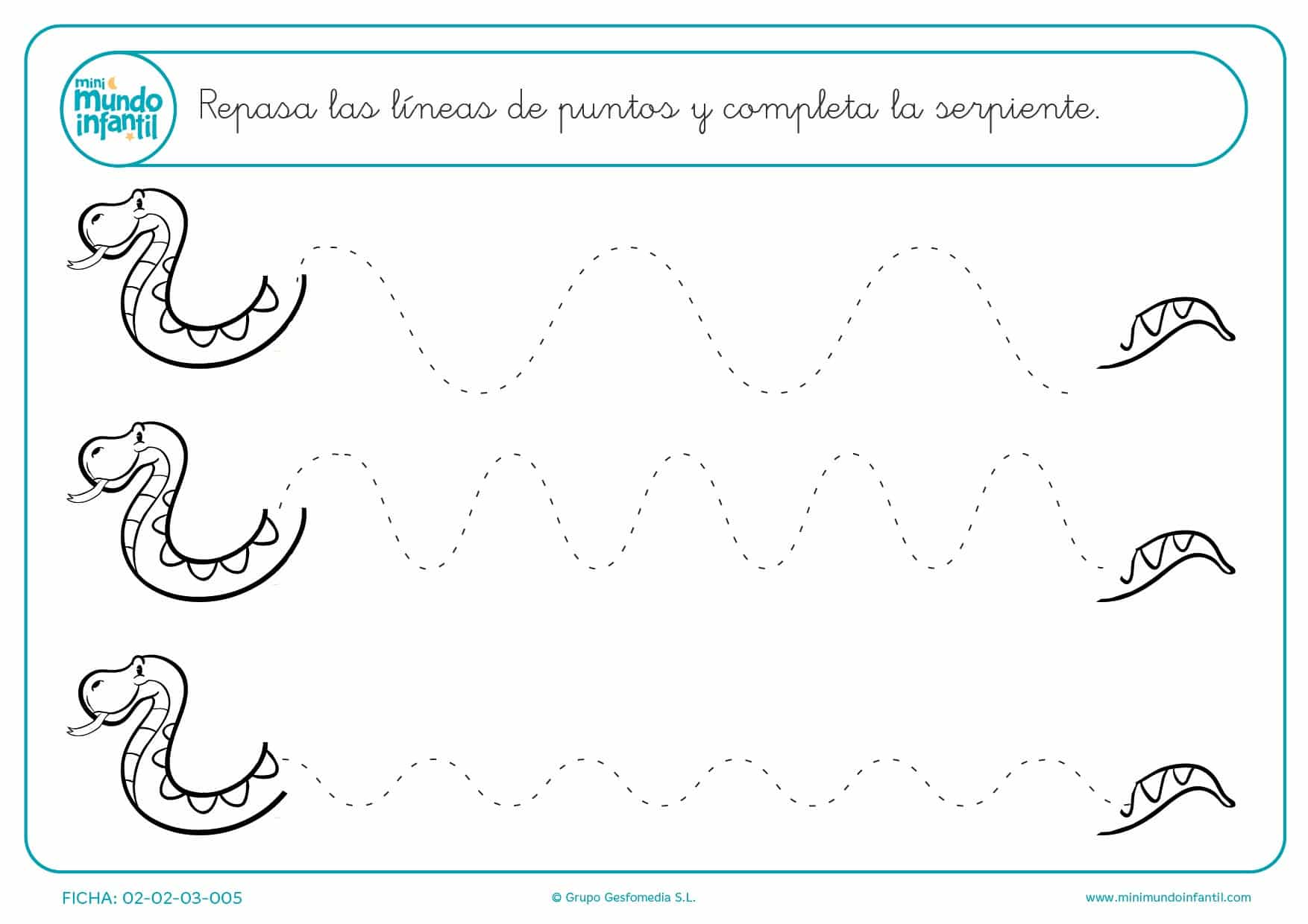 Continúa las líneas curvas y completa las serpientes para infantil