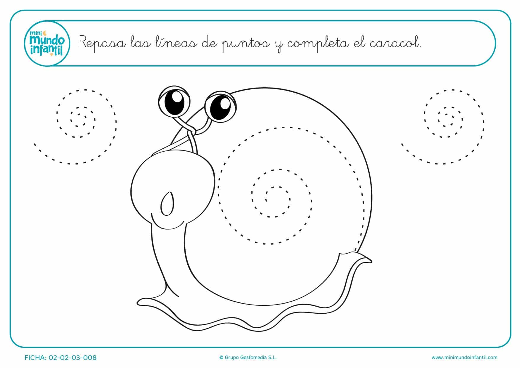 Completa el caracol dibujando espirales para niños de infantil