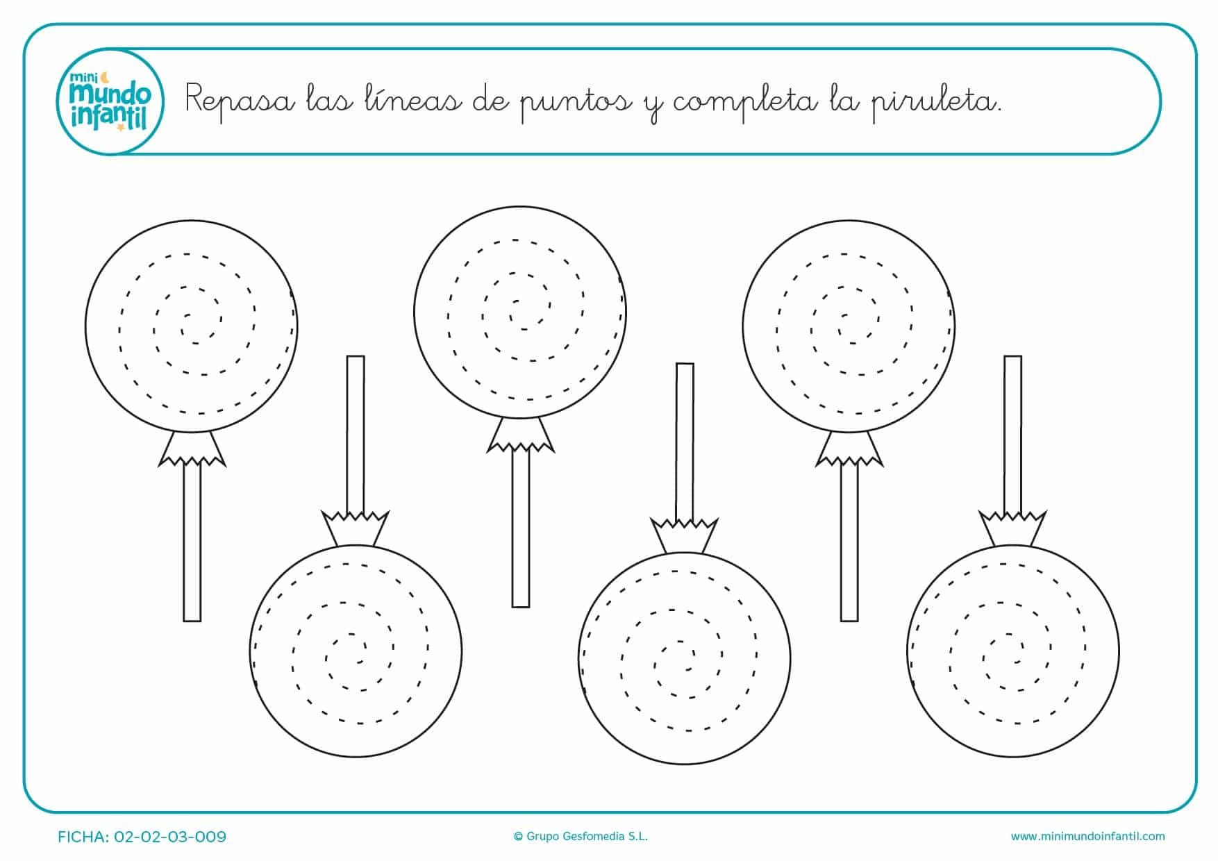 Repasa las espirales y completa las piruletas para niños de infantil
