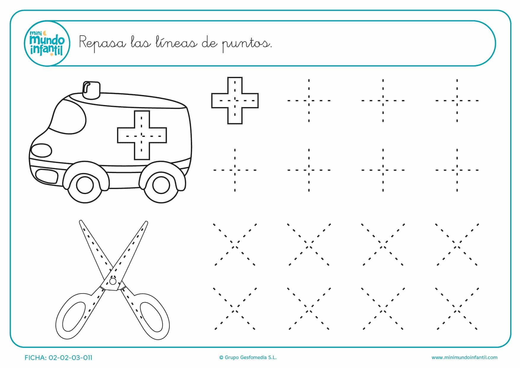 Repasa las cruces de la ambulancia y las tijeras para infantil