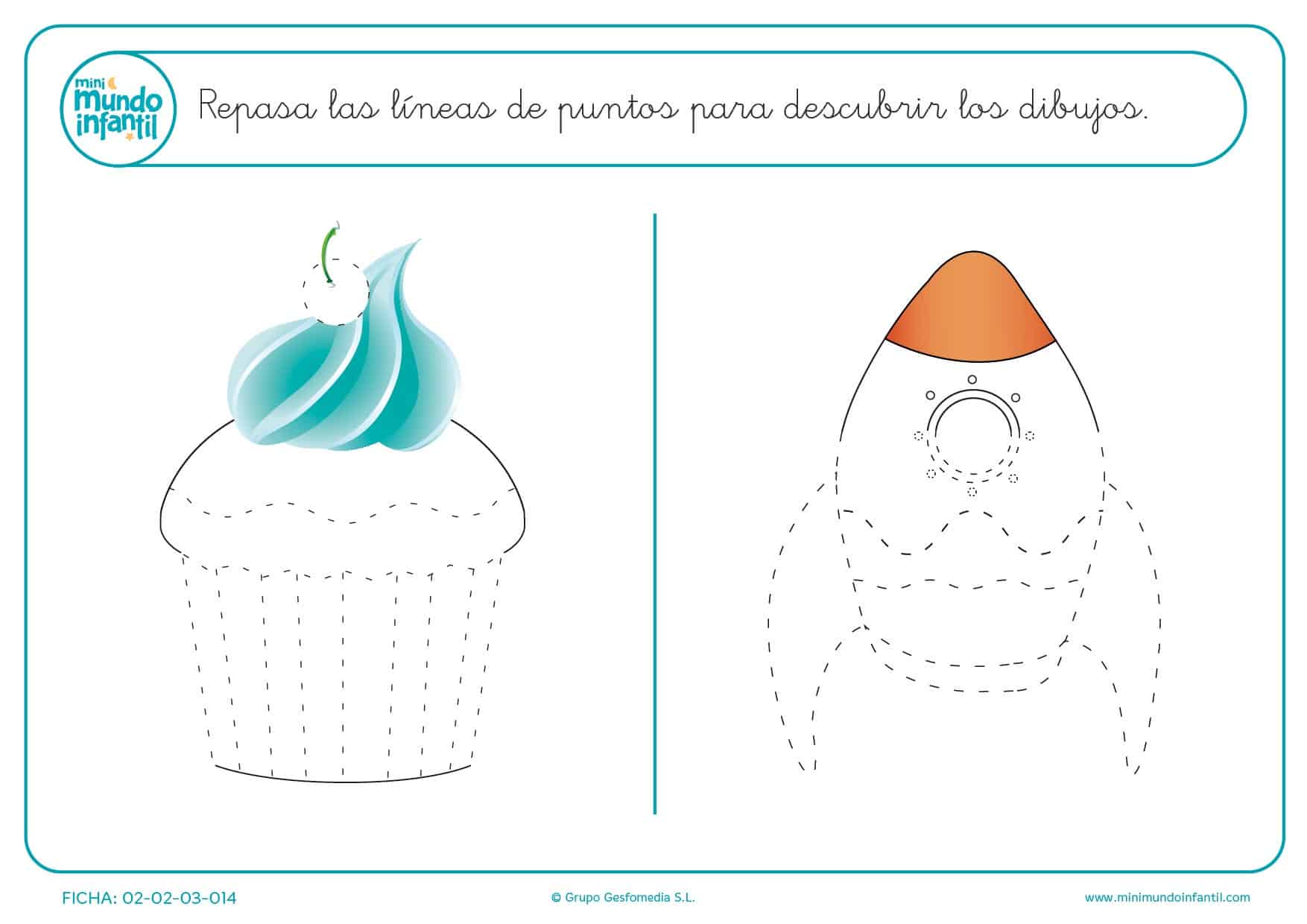 Descubre una magdalena y un cohete con grafomotricidad para niños