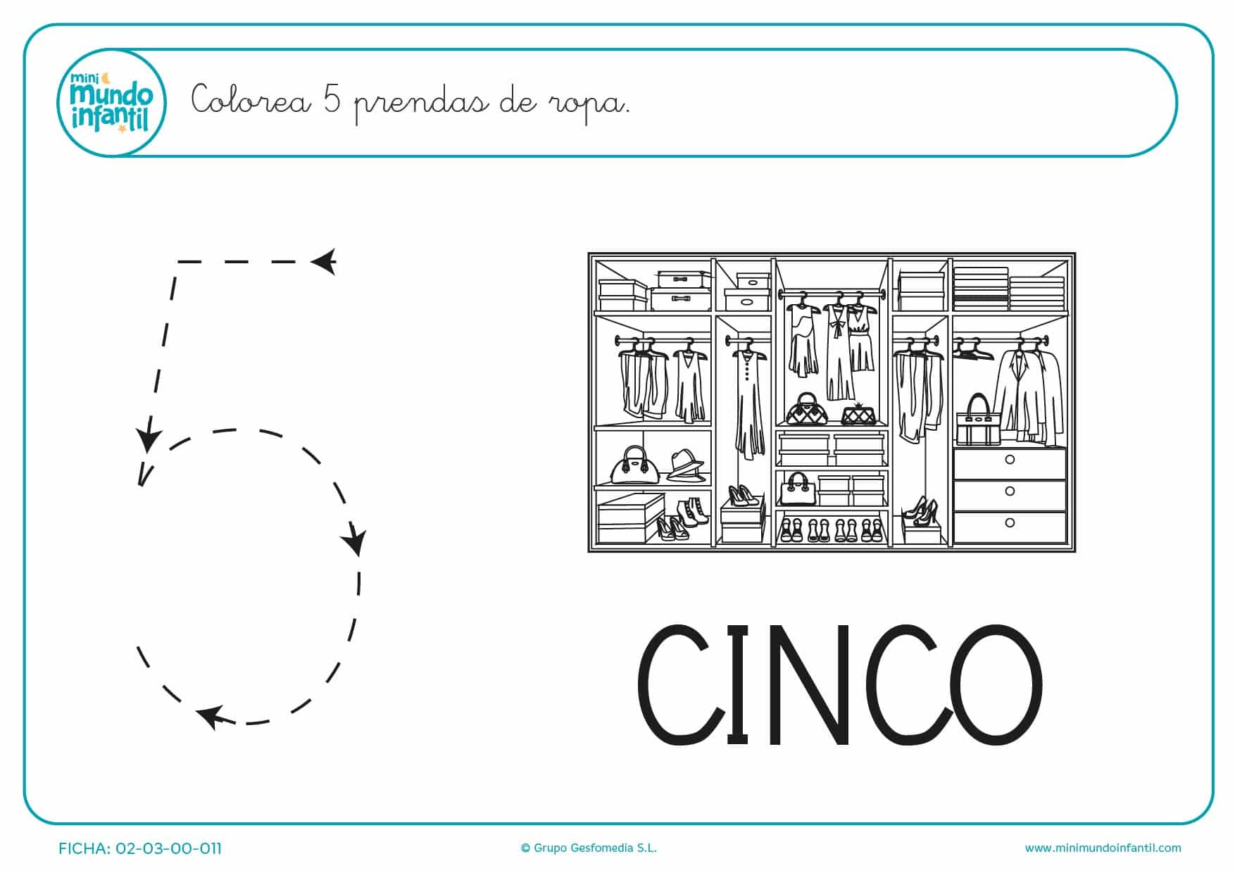 Repasar el trazo del número 5 y pintar 5 prendas de ropa
