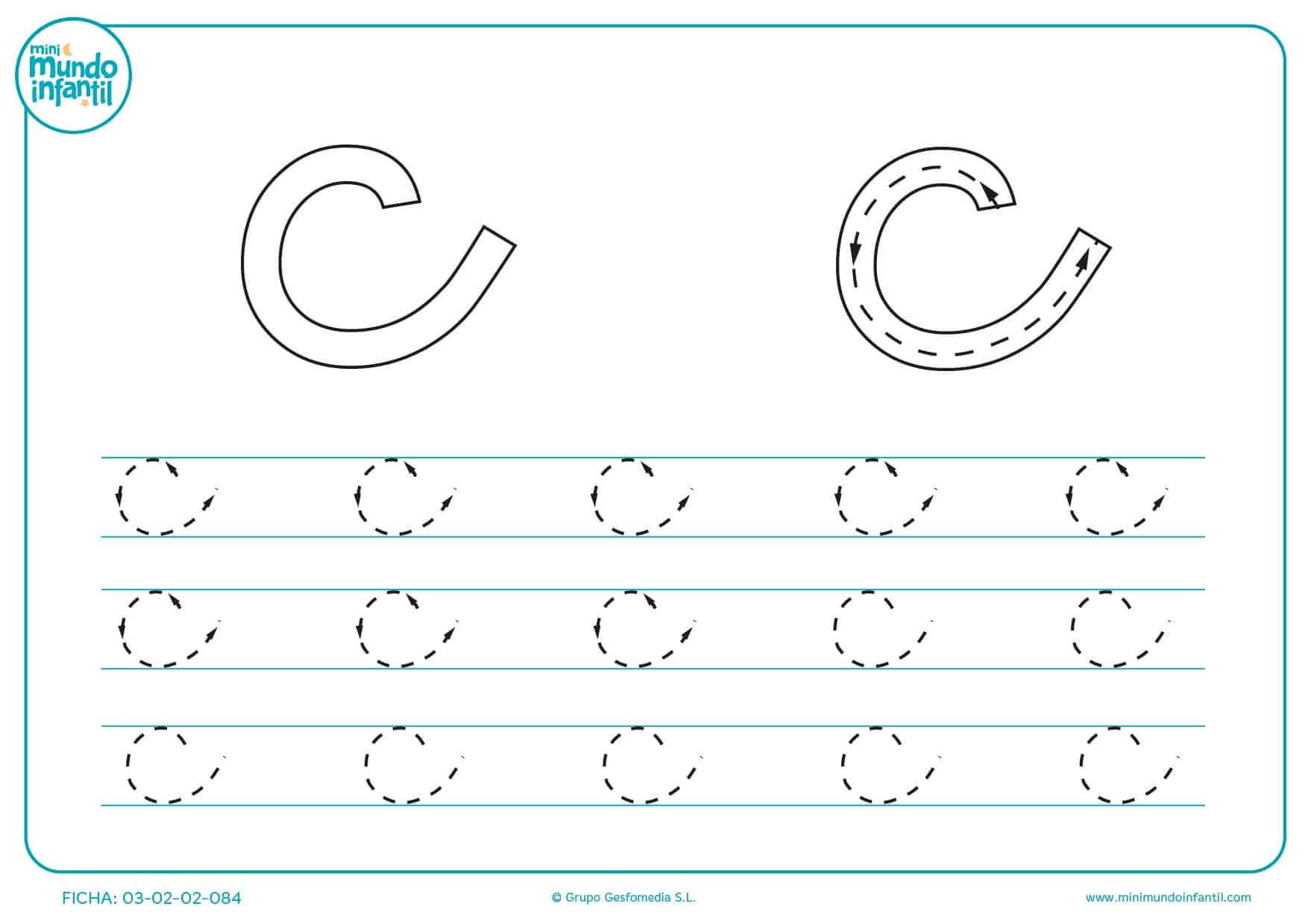 Estudiar la letra c en minúsculas siguiendo el trazo