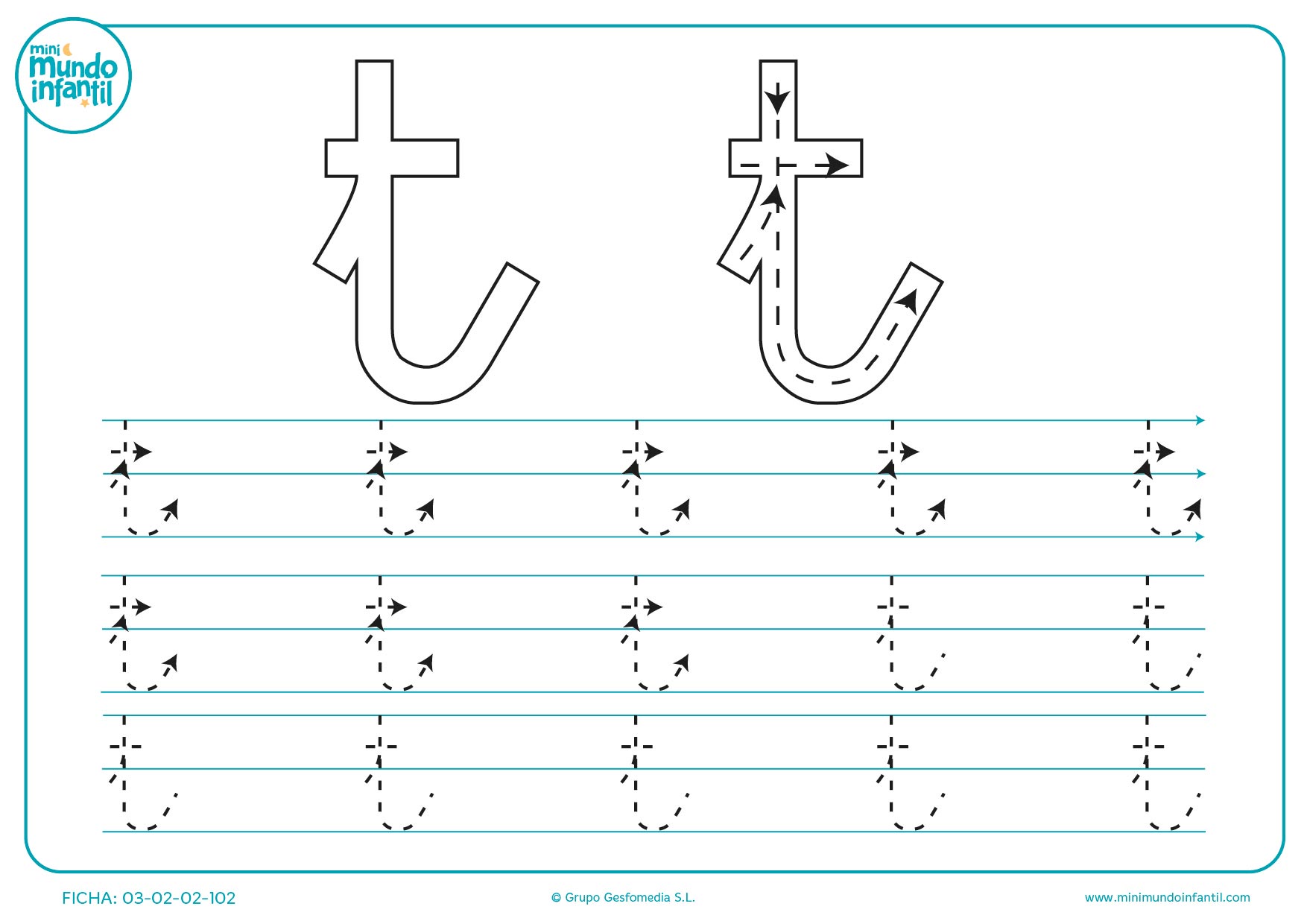 Aprender siguiendo las líneas de la letra t en minúsculas