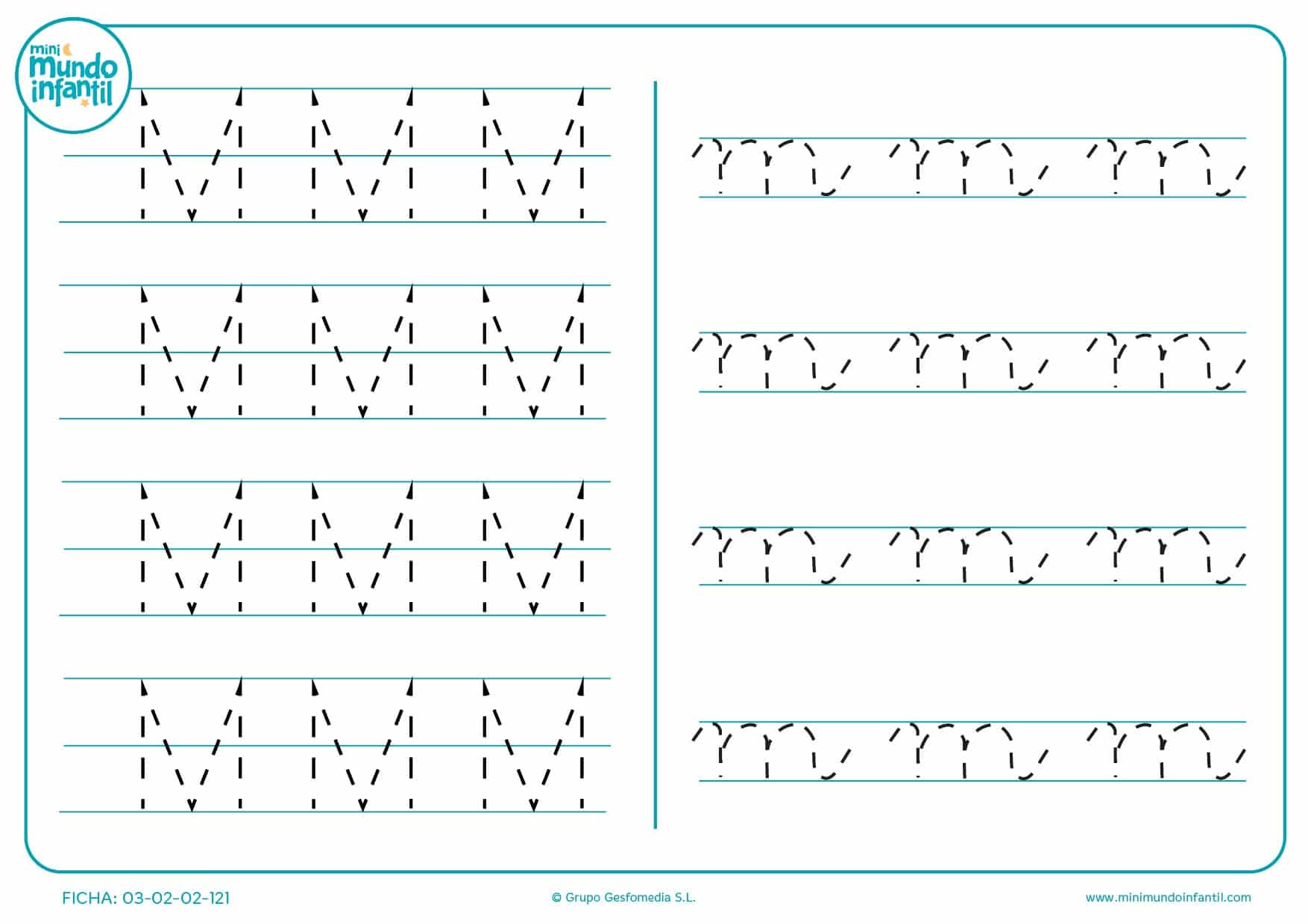 Completar grafomotricidad de la letra M en mayúscula y m en minúscula